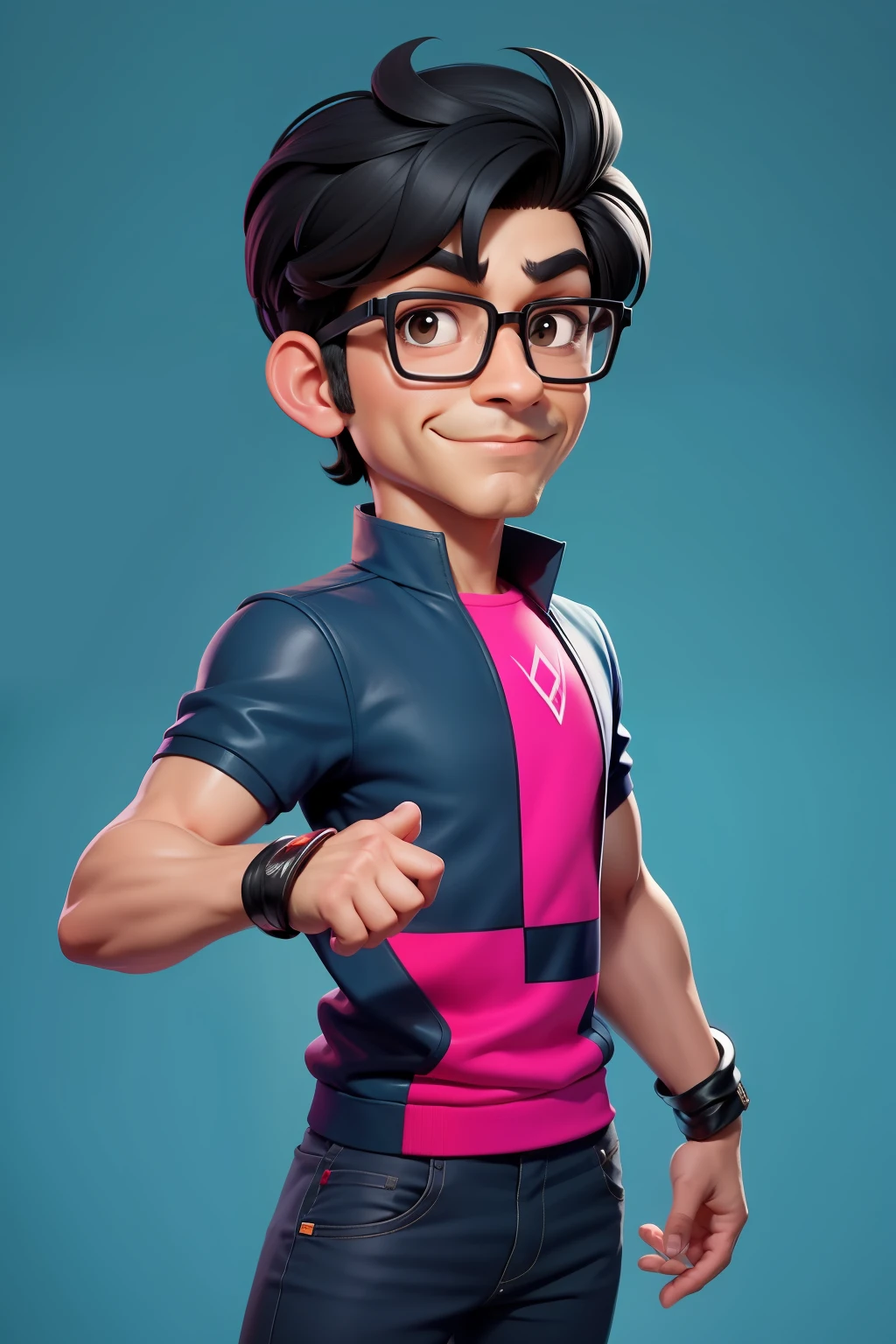 there is a man with glasses, high quality, in cartoon style, amed chahin, alex yanes, whole nice body, clear background, black hair