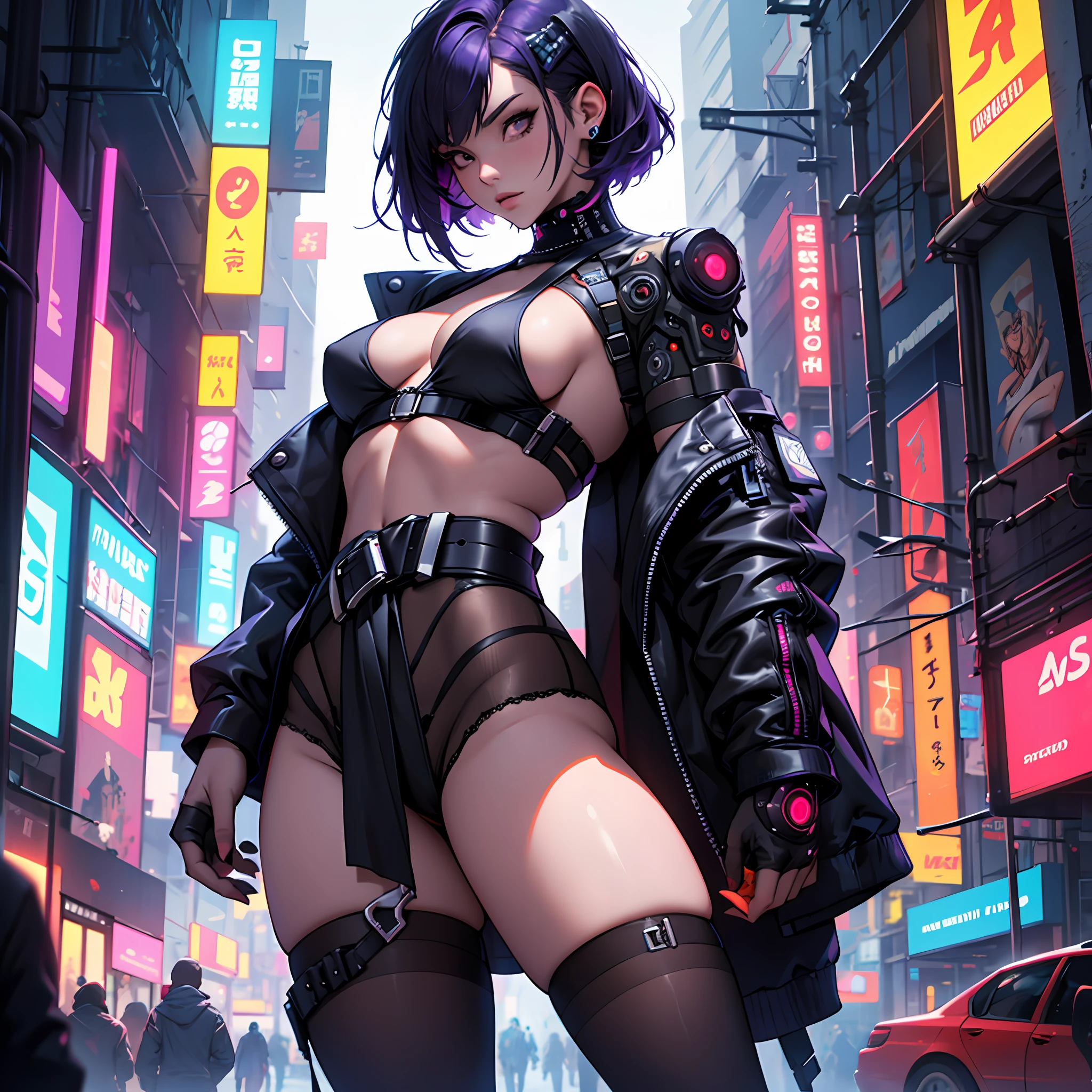 1girl|camisa branca|mostrando o umbigo|universo cyberpunk,cabelo cortado roxo , cyber right arm| cybernetic eye, arm at the waist,pernas cyberpunk,sexy,middlebreasts, Cyberpunk Scenario --auto