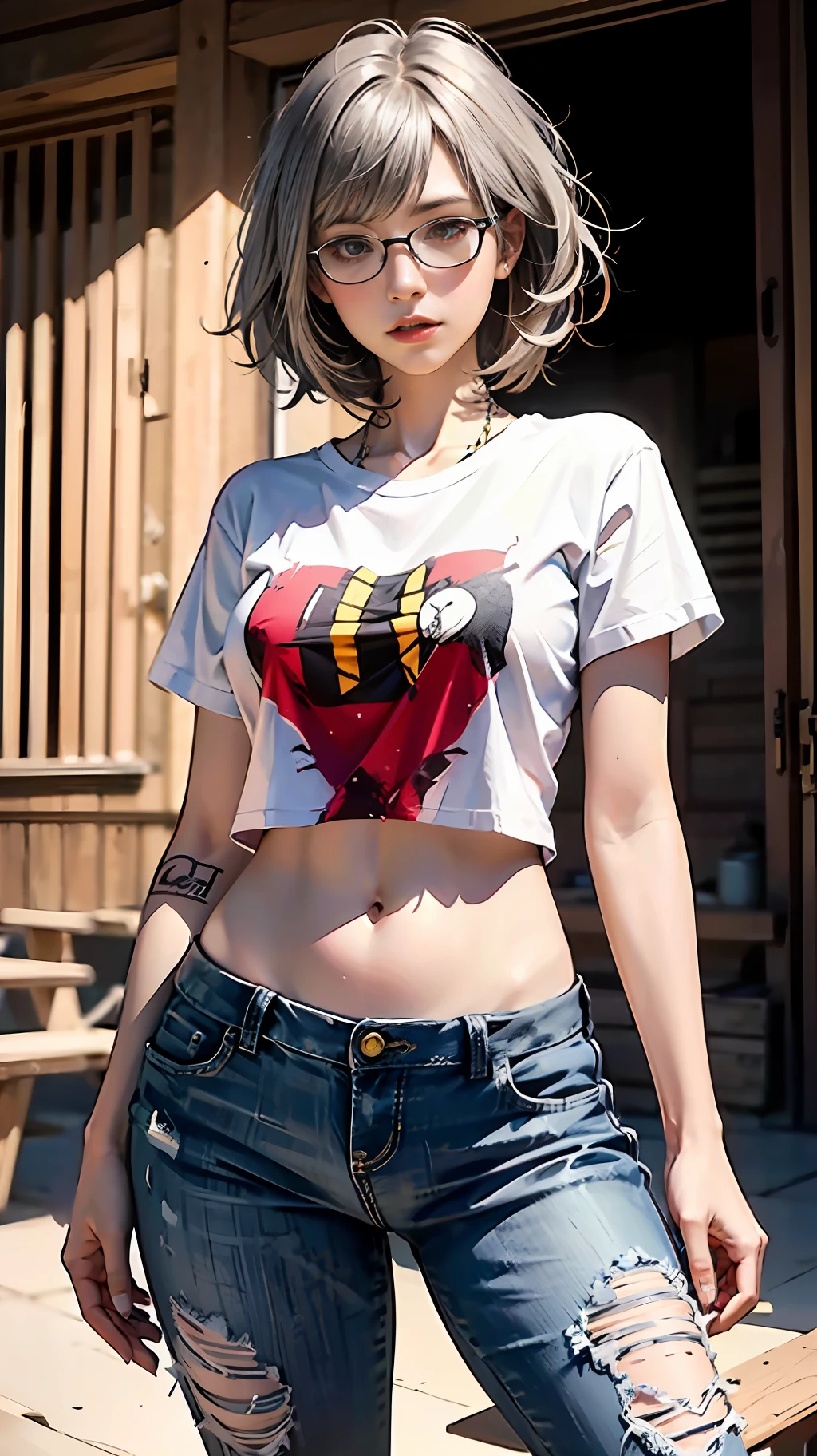 masterpiece, best quality, realistic, highly detailed, 1girl, solo, cowboy shot, preaty girl, red eyes, silver hair, short hair, glasses, thin lips, medium breats, T-shirt, skinny jeans, tomboi look, tatto,