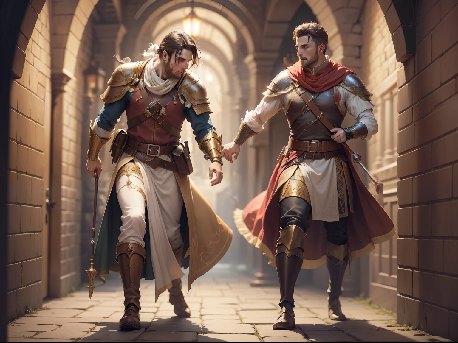 (Masterwork) Very high quality, full body, super detailed shooting, D&D setting, male cleric healing the injured male bard in the corridor of the dungeon, 32k resolution, best quality, dynamic pose, action pose, surreal and charming.