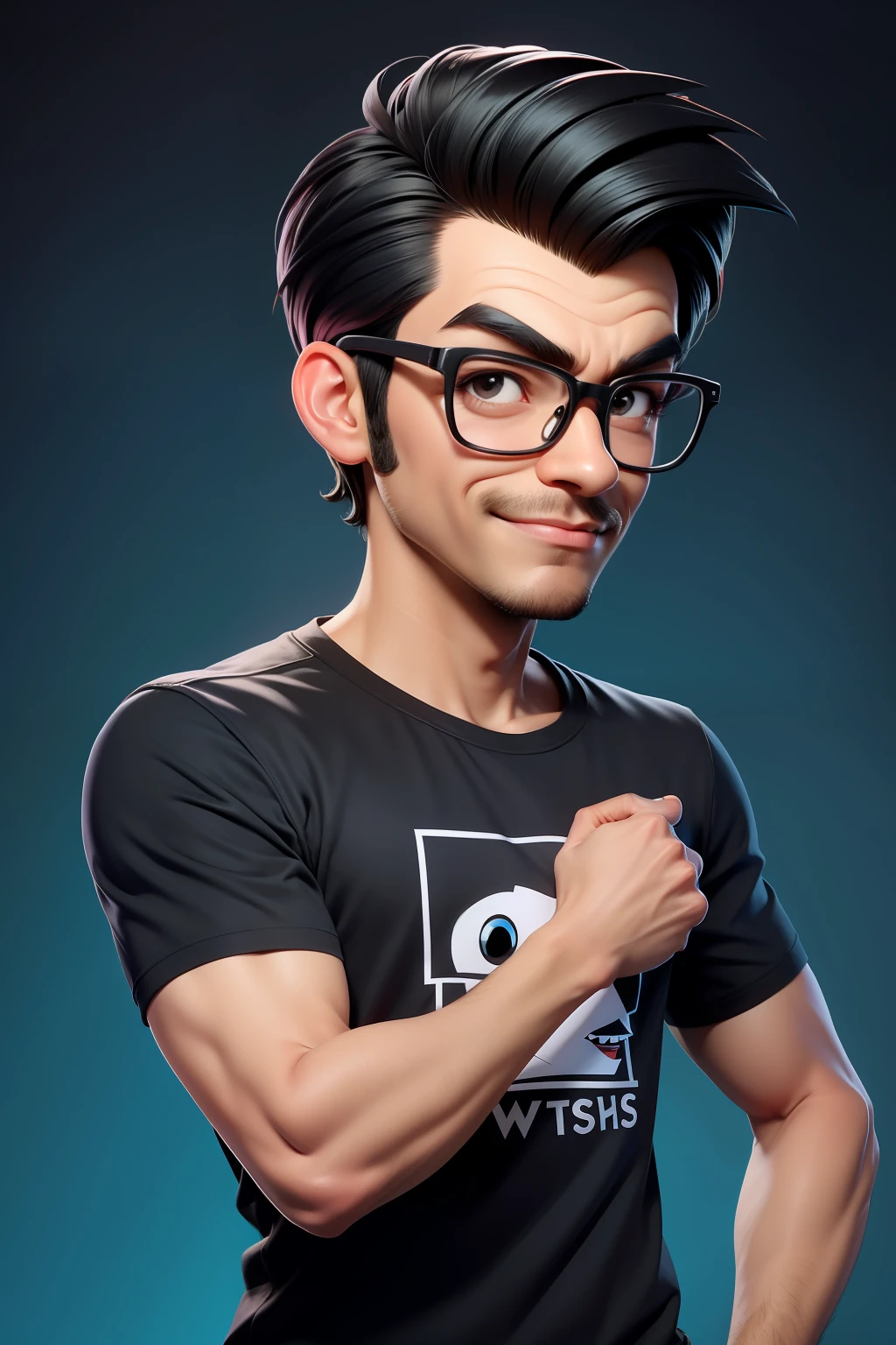 there is a man with glasses, high quality, in cartoon style, professional picture, amed chahin, alex yanes, black t-shirt