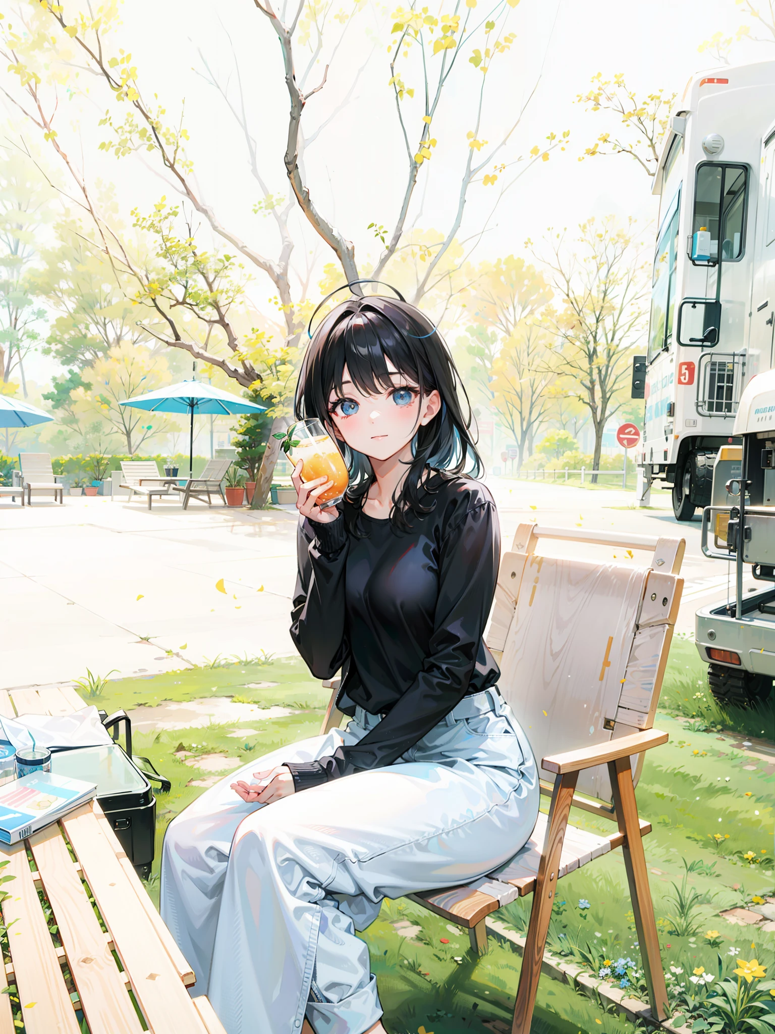 woman sitting on a chair with a drink in her hand, taken with canon 8 0 d, jia, taken with canon eos 5 d mark iv, taken with canon eos 5 d, cute:2, gemma chen, drink, taken with a canon eos 5 d, taken with a canon eos 5d, on a sunny day, taken with canon 5d mk4,Popmart's super cute girl IP, black hair, white short sleeves, solid model, half body,Fine gloss, clean background, 3D rendering, soft focus, OC, mixer, IP,Best quality, 8k