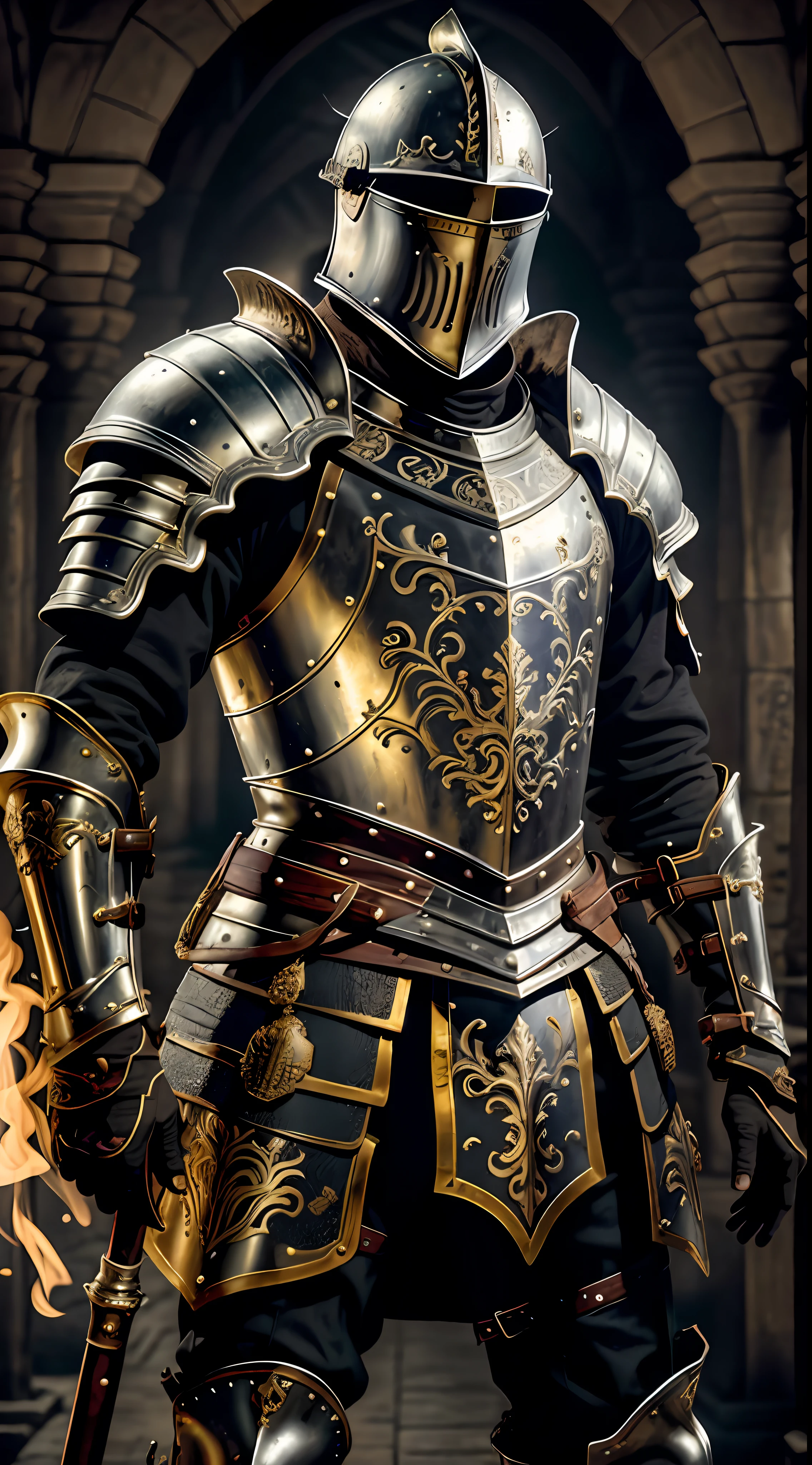 Obra-prima, cinematic, melhor qualidade, barroco, smoke man, armadura medieval espartana preta, armadura gasta, parte superior do corpo, com ele uma espada e escudo, olhando para o espectador, campo aberto, campo nublado