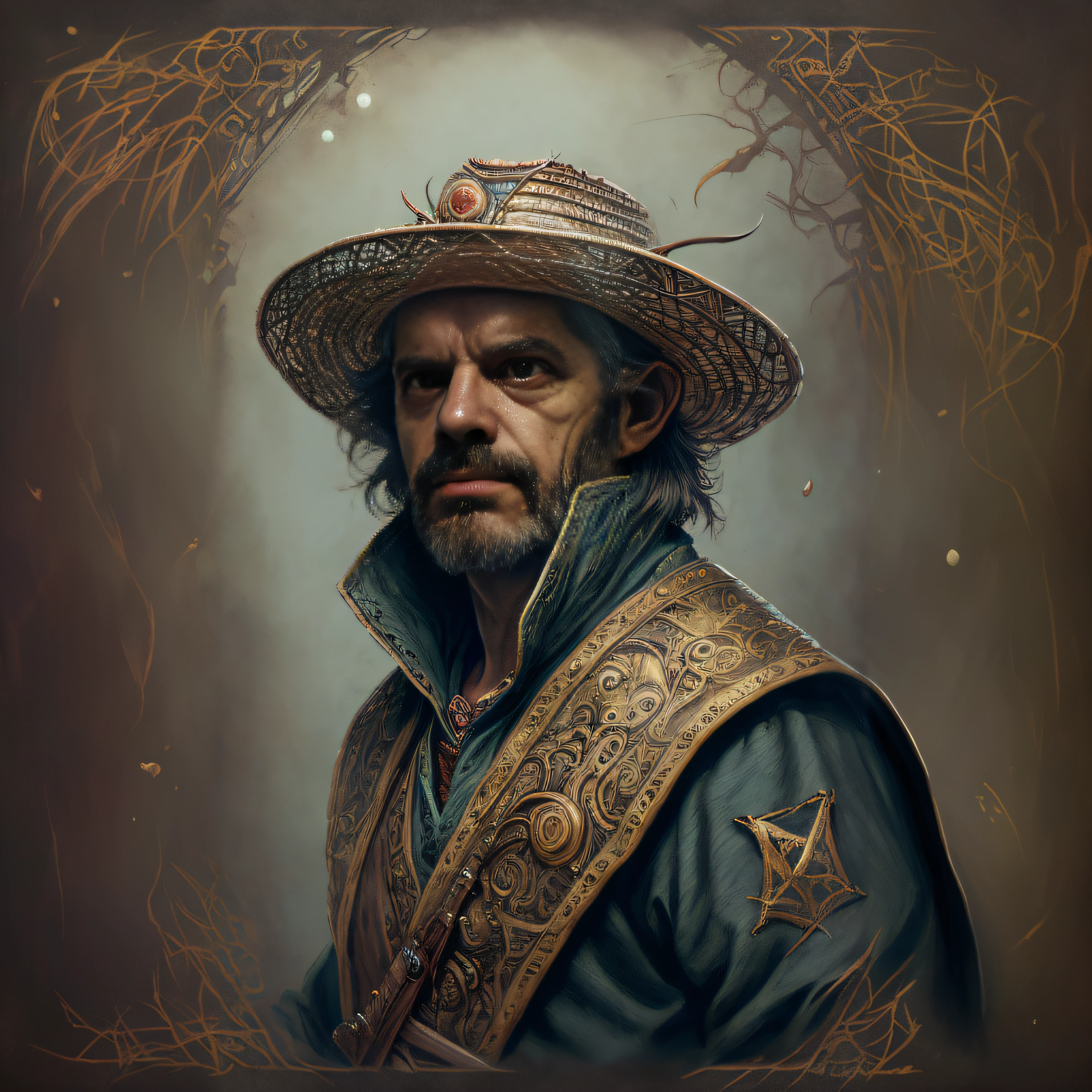Pintura de un hombre con sombrero y barba con sombrero, Retrato del personaje de Baldur's Gate, RPG retrato arte conceptual, fantasy concept art portrait, fantasy character portrait, Retrato detallado del personaje, fantasy genre portrait, Retrato de arte conceptual del personaje, character art portrait, DND retrato de arte de personaje, Arte de retrato de personajes, Retrato DND, Retrato de un mago, Retrato DND