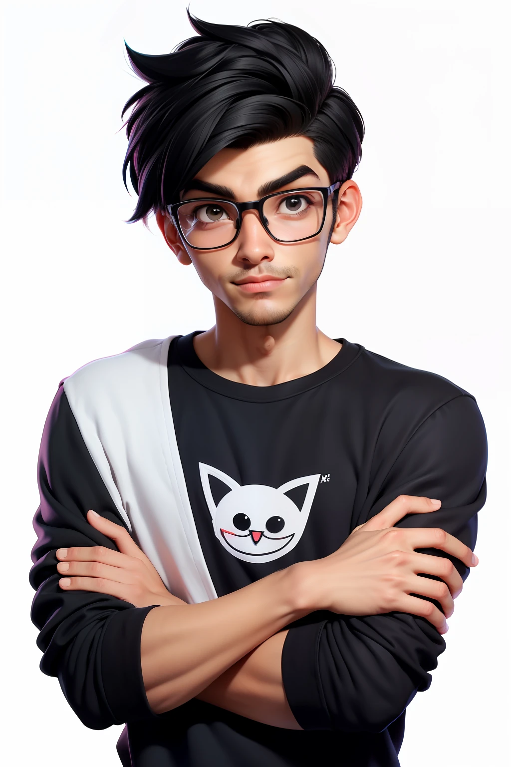 there is a man with glasses, high quality, in cartoon style, amed chahin, alex yanes, whole nice body, white background, he is wearing a black sweatshirt, T-shirt