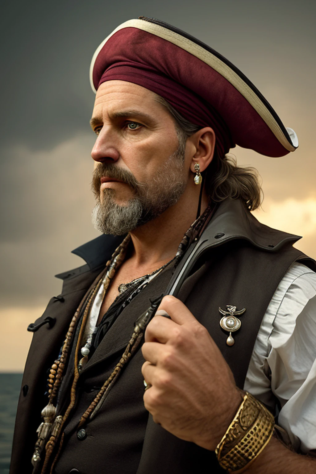 45 years old, male, Portrait of a pirate in a vest, smokes a pipe, round earring in the ear, He has a parrot sitting on his shoulder. Extreme detailing, against the background of the sea, Perfect composition, beutiful, Detailed, an intricate, insanely detailed, octane render trending on ArtStation, 8 K Fine Art Photography, photorealistic concept art, soft natural volumetric cinematic perfect light, chiaroscuro, a photo of a, Award-winning, Masterpiece, oil on canvas, Raphael, by Caravaggio, by Greg Rutkowsky, beeple, Beksinski, Giger