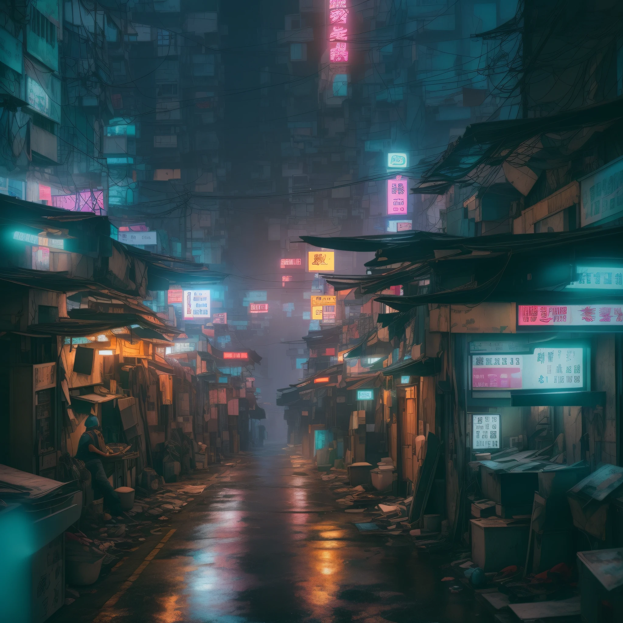 Hong Kong's Street, cyberpunk, vapor punk, lonely and helpless, telephoto lens, raining, (extremely detailed:1.2), (Neon slums in the near distance: 1.1), (Futuristic skyscraper in the long distance: 1.1), (hyper-detailed, (soft lighting:1.2), high resolution, realistic, filmic grain, ray tracing), Masterpiece, 8K, RAW.