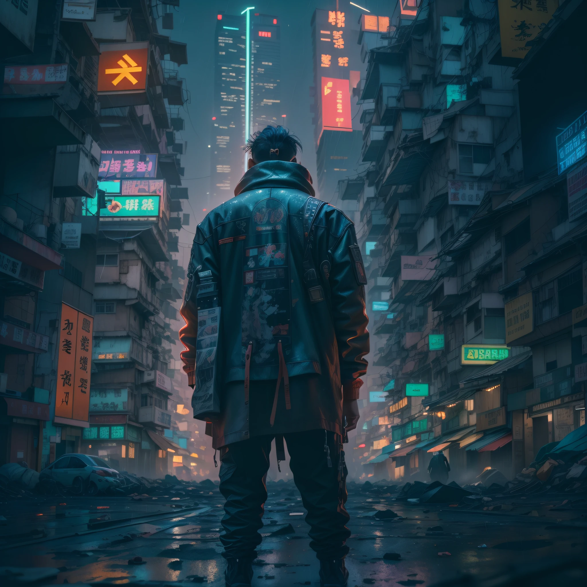 Hong Kong's Street, cyberpunk, vapor punk, a man, from the back, looking at the skyscrapers, helpless and lonely, centered, long distance, raining, (extremely detailed:1.2), (intricate neon slums in the background:1.1), hyper-detailed, (soft lighting:1.2), high resolution, realistic, filmic grain, ray tracing, Masterpiece, 8K, RAW.