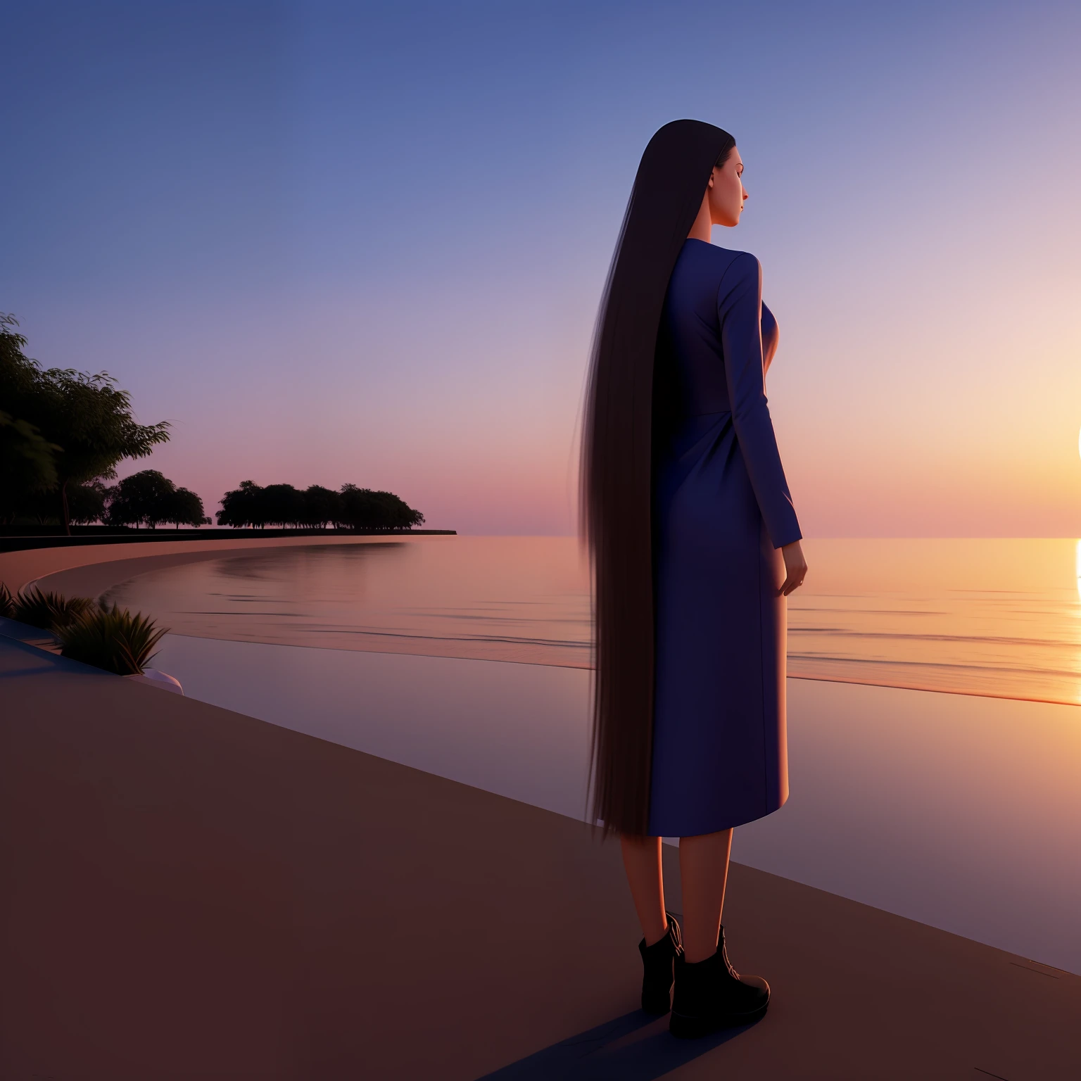 woman realistic  with long hair back:: futuristic::1 dusk::1 panorama::1 --ar 1:1 --v 4 --auto