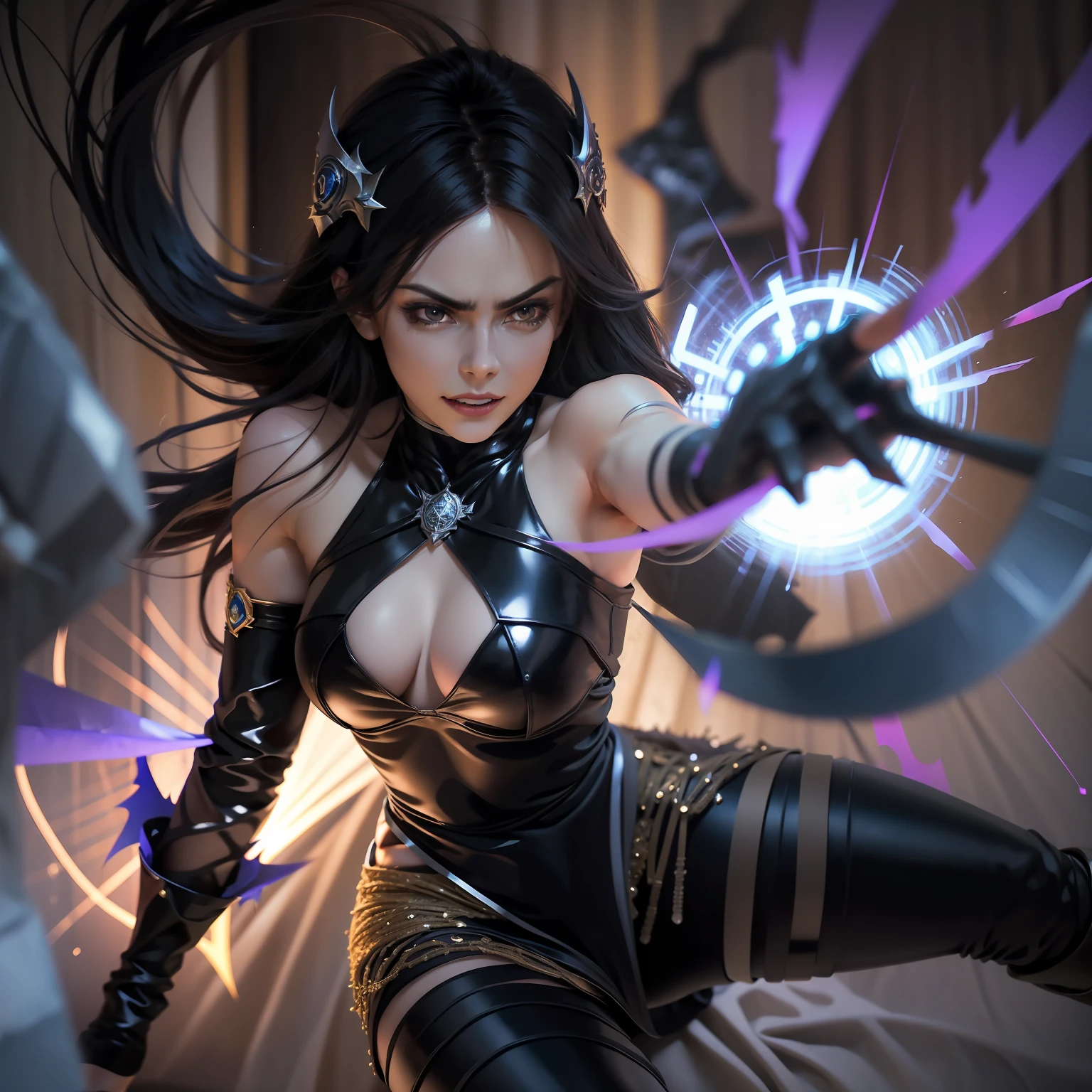 The image shows the villainous Nyx in a moment of intense anger and power. she's jumping in the air, with his eyes black as night radiating a dark and menacing light. His pale skin contrasts with the darkness around him, while his angular features lend an ethereal and sinister appearance to his figure.
Nyx is shrouded in dense shadows, que parecem se contorcer ao seu redor, as if the darkness itself was at his mercy. Ela exala uma aura de poder sobrenatural, reinforced by the frightening illusions she creates around her. The minds of others are dominated by their mental manipulations, incapazes de resistir ao seu controle.
His expression is one of relentless fury, with lips curved in a sinister smile and eyes shining with intensity. The villain holds a gun in her hand, criada a partir das sombras, with sharp blades that look ready to cut through any obstacle.
Her outfit is a mix of elegance and darkness. Ela usa um longo manto negro, fluindo com as sombras, e uma armadura angular adornada com detalhes sinistros. His cuffs are wrapped in dark leather gloves, and high boots complement his imposing appearance.
Nyx is a terrifying and powerful figure, whose anger is feared by all who face it. A imagem captura o momento em que ela prepara um ataque devastador, prestes a desencadear todo o seu poder sombrio sobre seus inimigos.