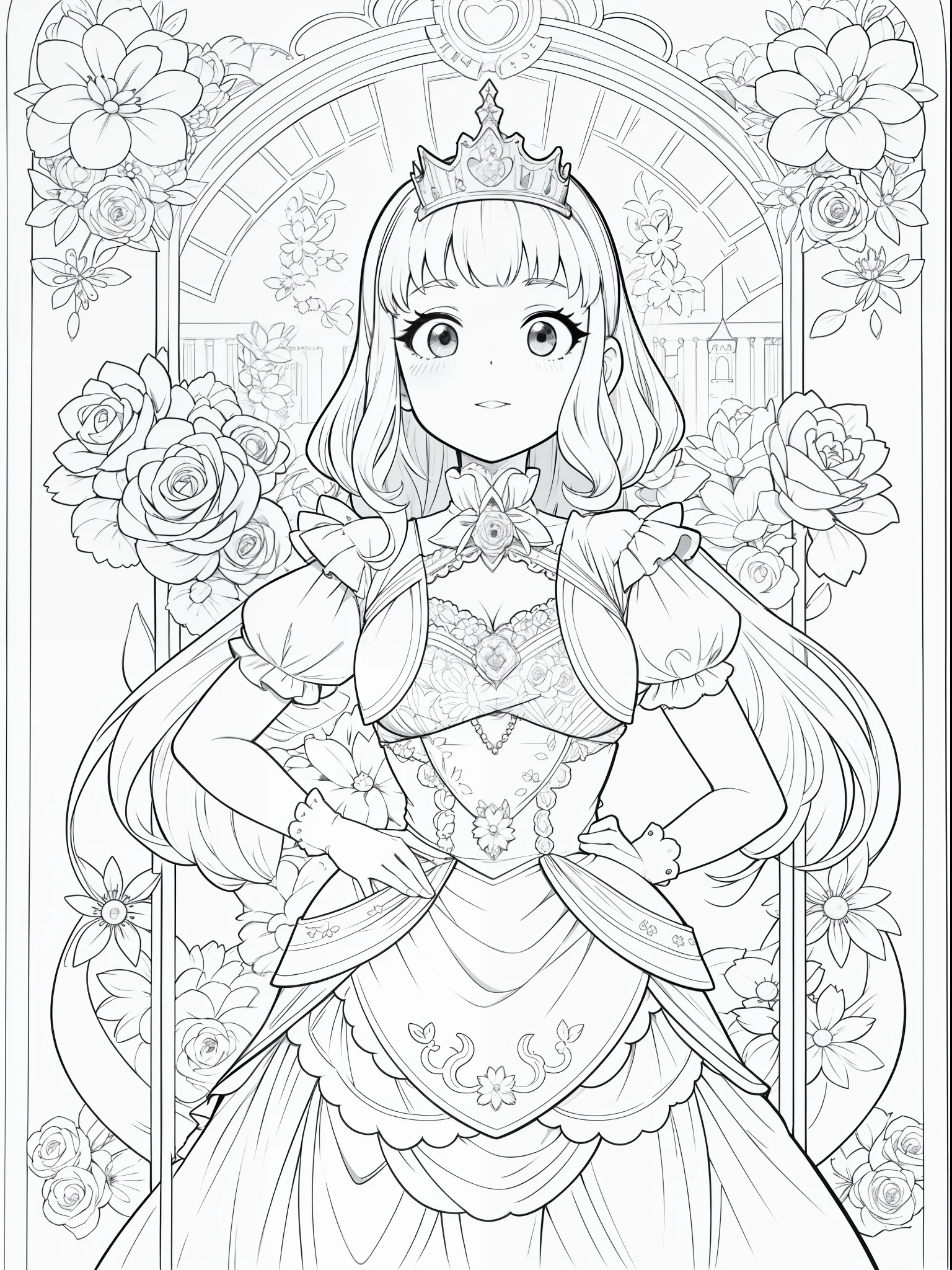 Princesa fofa infantil, lineart, sem cores, kawaii, barnet, para colorir, detalhes lineart, flores, vestido bonitinho, castelo, simples, dynamics