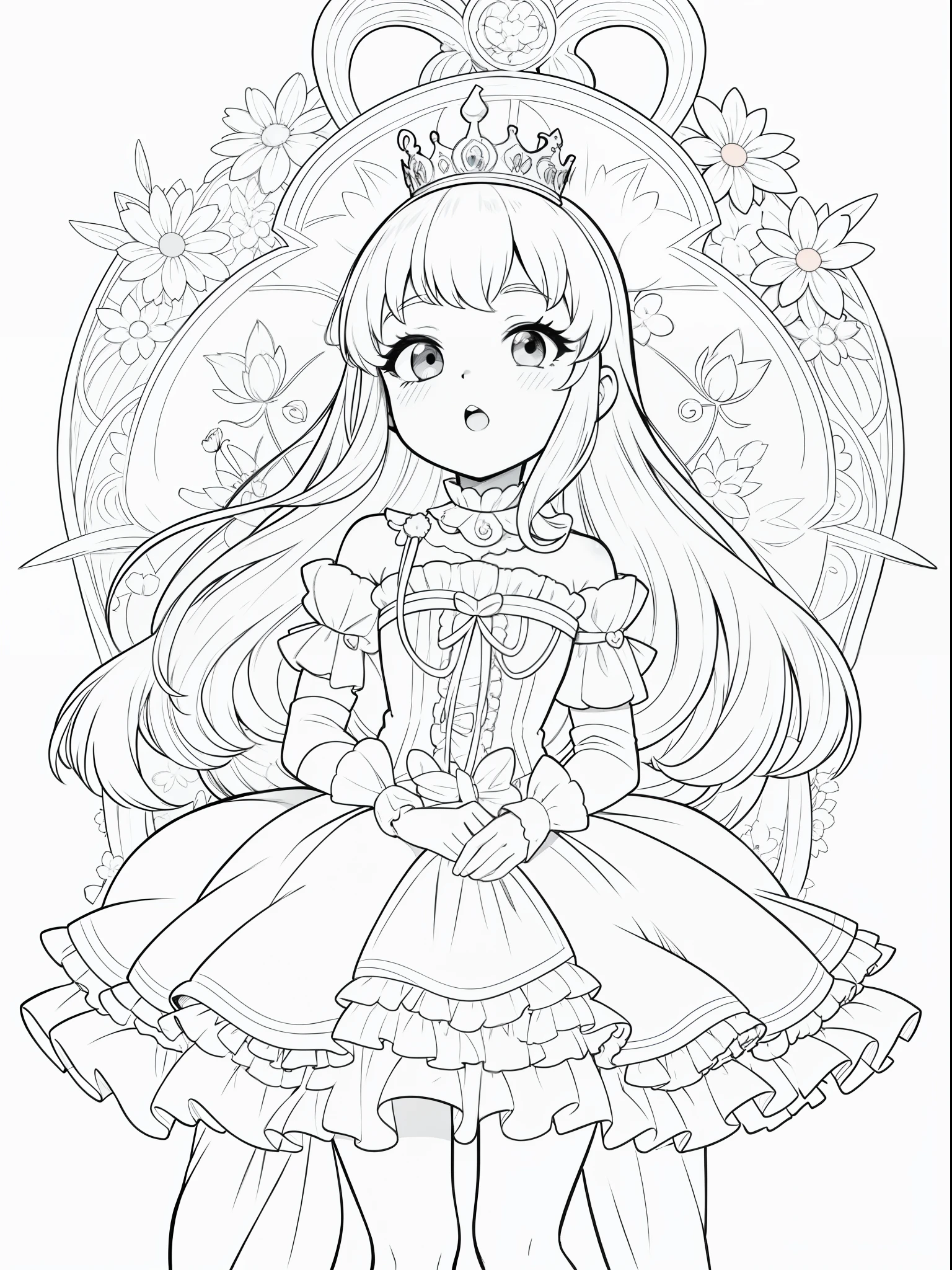 Princesa fofa infantil, lineart, sem cores, kawaii, barnet, para colorir, detalhes lineart, flores, vestido bonitinho, castelo, simples, dynamics
