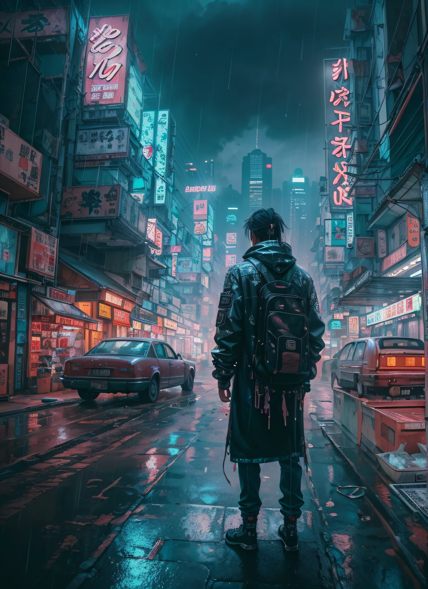 Hong Kong's Street, cyberpunk, vapor punk, a man, from the back, looking at the skyscrapers, helpless and lonely, centered, long distance, raining, (extremely detailed:1.2), (intricate neon slums in the background:1.1), hyper-detailed, (soft lighting:1.2), high resolution, realistic, filmic grain, ray tracing, Masterpiece, 8K, RAW.