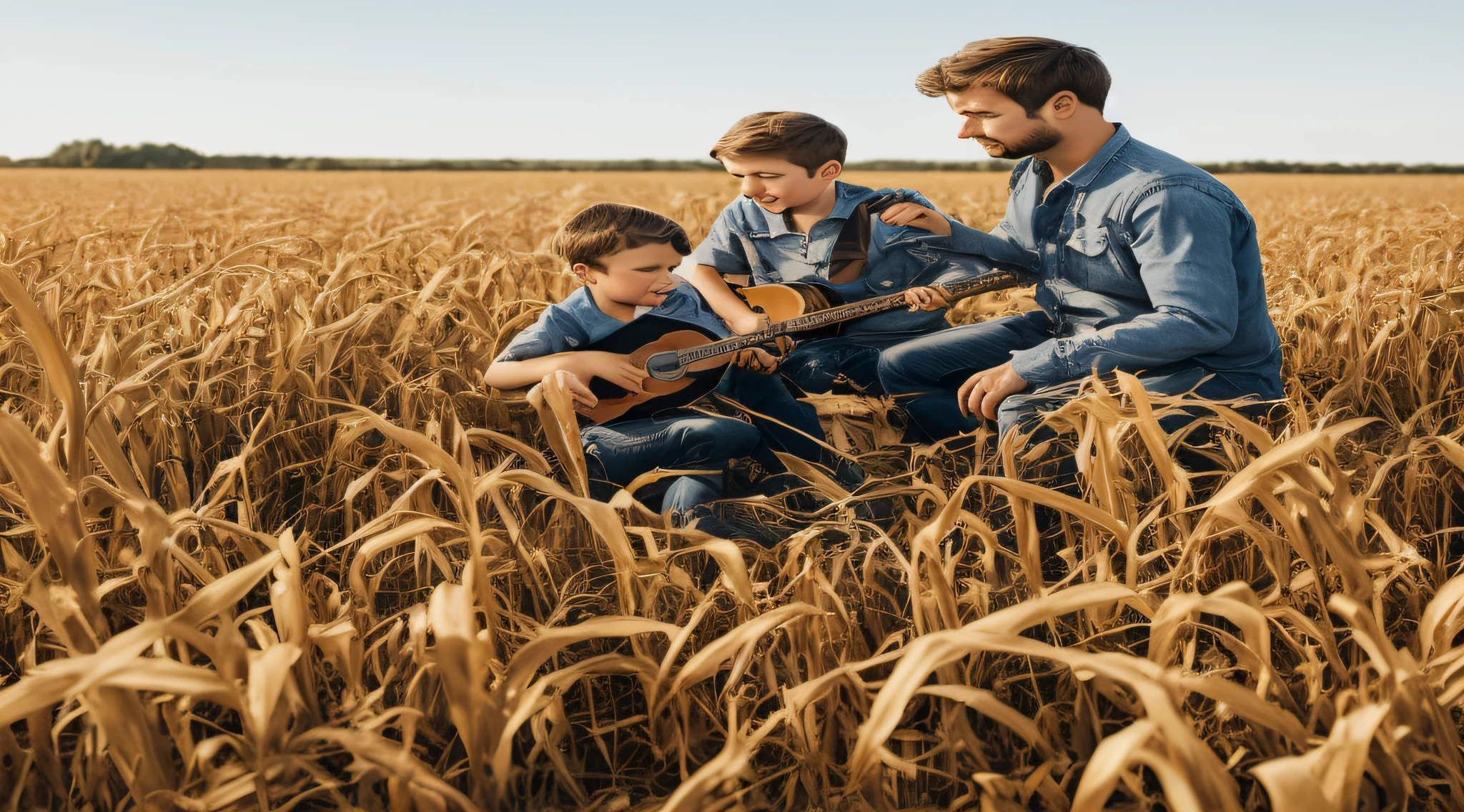 Create an image of the father and son in a cornfield playing seated guitar, milharal seco, feno, pai e filho