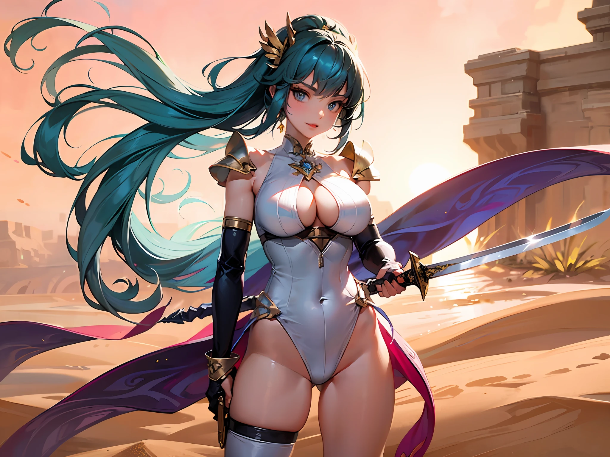 Anime girl with sword and armor in desert area, knights of zodiac girl, natalie from epic battle fantasy, Gainax anime style, armor girl, warrior princess, 遊☆戯☆王アートスタイル, with large sword, she-ra, she - ra, chrono trigger guilty gear style, she holds a sword, anime goddess, portrait knights of zodiac girl、Erotic、Colossal tits、Crotch Up、Opening legs、Female Solo、お漏らし