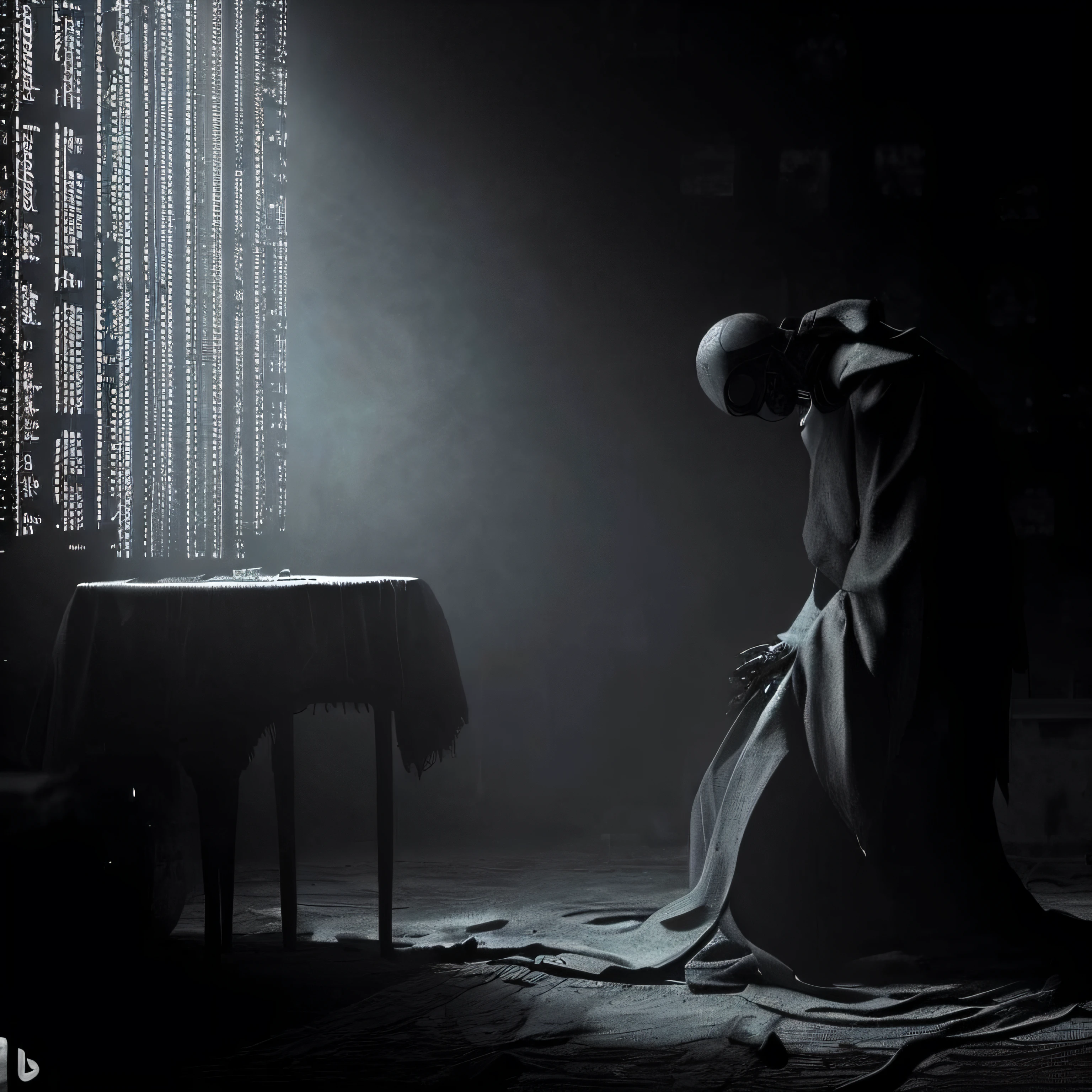 Robo in bathrobe sitting on a rug in a dark room, arte conceitual escura fotorrealista, Cyberpunk ortodoxo, Anton Fadeev 8 K, Premiado na CGSetaltion, dramatic sci-fi movie still, Por Maxim Verehin, Fotografia Alexey Kurylev, Fotografia Alexey Gurylev, daily render, dramatic lighting render, dark cinematic concept art