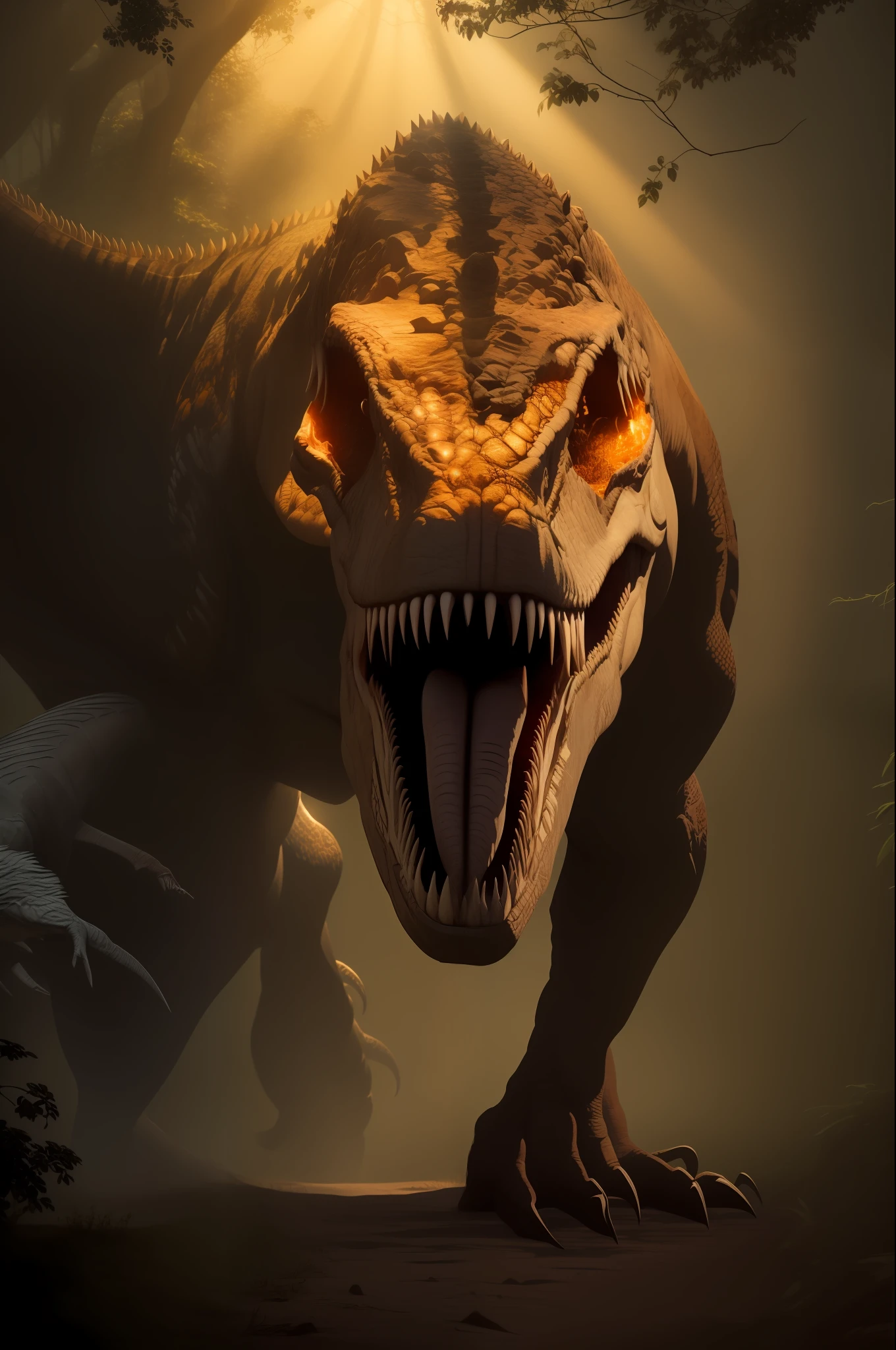 "Desenhe um Tiranossauro Rex (T-Rex) realista com a boca aberta, showing his sharp teeth and tongue. A pele do T-Rex deve ser de uma tonalidade escura e texturizada, com sombras e detalhes realistas. The scene should be illuminated in a cinematic way, with a soft amber light coming from above and to the left of the image, projetando sombras sutis e destacando os contornos do T-Rex. The image should convey a sense of presence and power, com o T-Rex prestes a atacar."