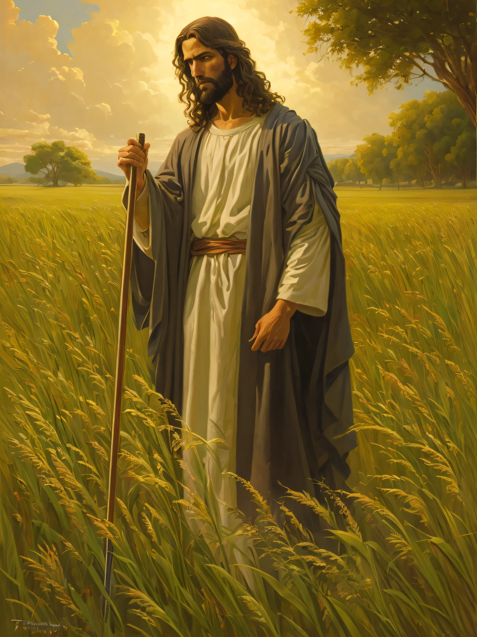 Painting of a man with a cane in a field, Greg Olsen, jesus christ, Retrato de Jesucristo, jesus of nazareth, Jesus, Uno de los tejedores del destino, Vestido como Jesucristo, the lord and savior, god looking at me, Joven Dios Todopoderoso, gigachad jesus, Arte cristiano, por Scott Gustafson, por Thomas Blackshear