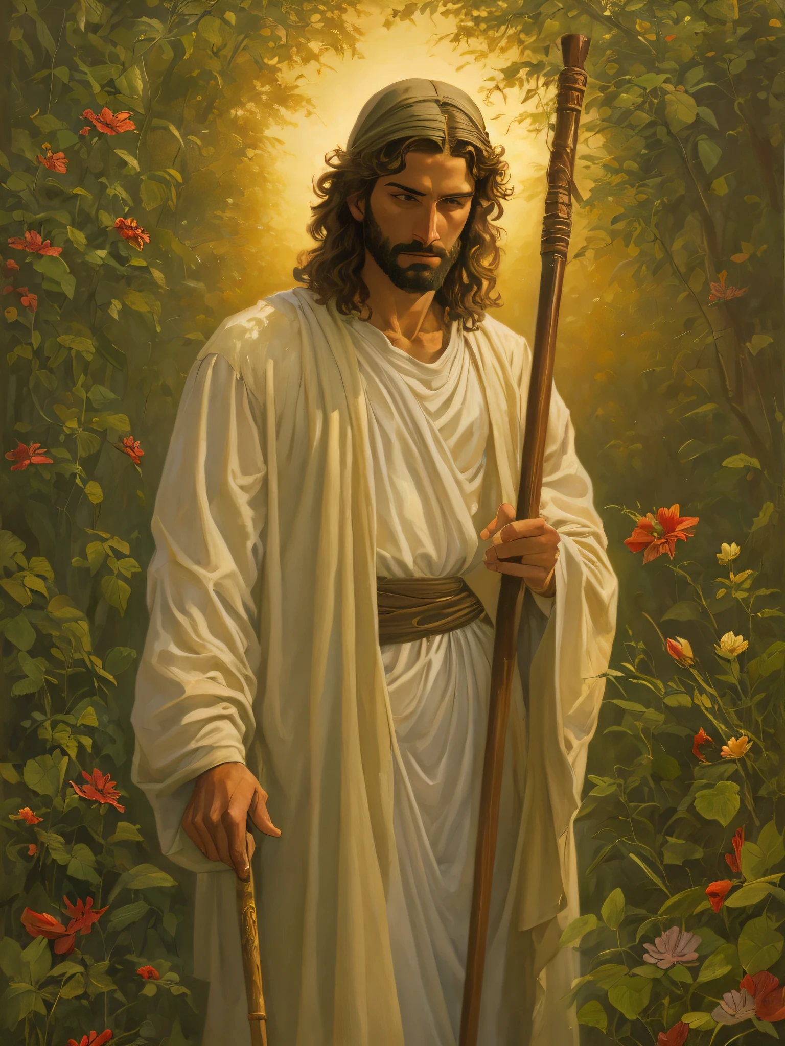 Painting of a man with a cane in a field, Greg Olsen, jesus christ, Retrato de Jesucristo, jesus of nazareth, Jesus, Uno de los tejedores del destino, Vestido como Jesucristo, the lord and savior, god looking at me, Joven Dios Todopoderoso, gigachad jesus, Arte cristiano, por Scott Gustafson, por Thomas Blackshear