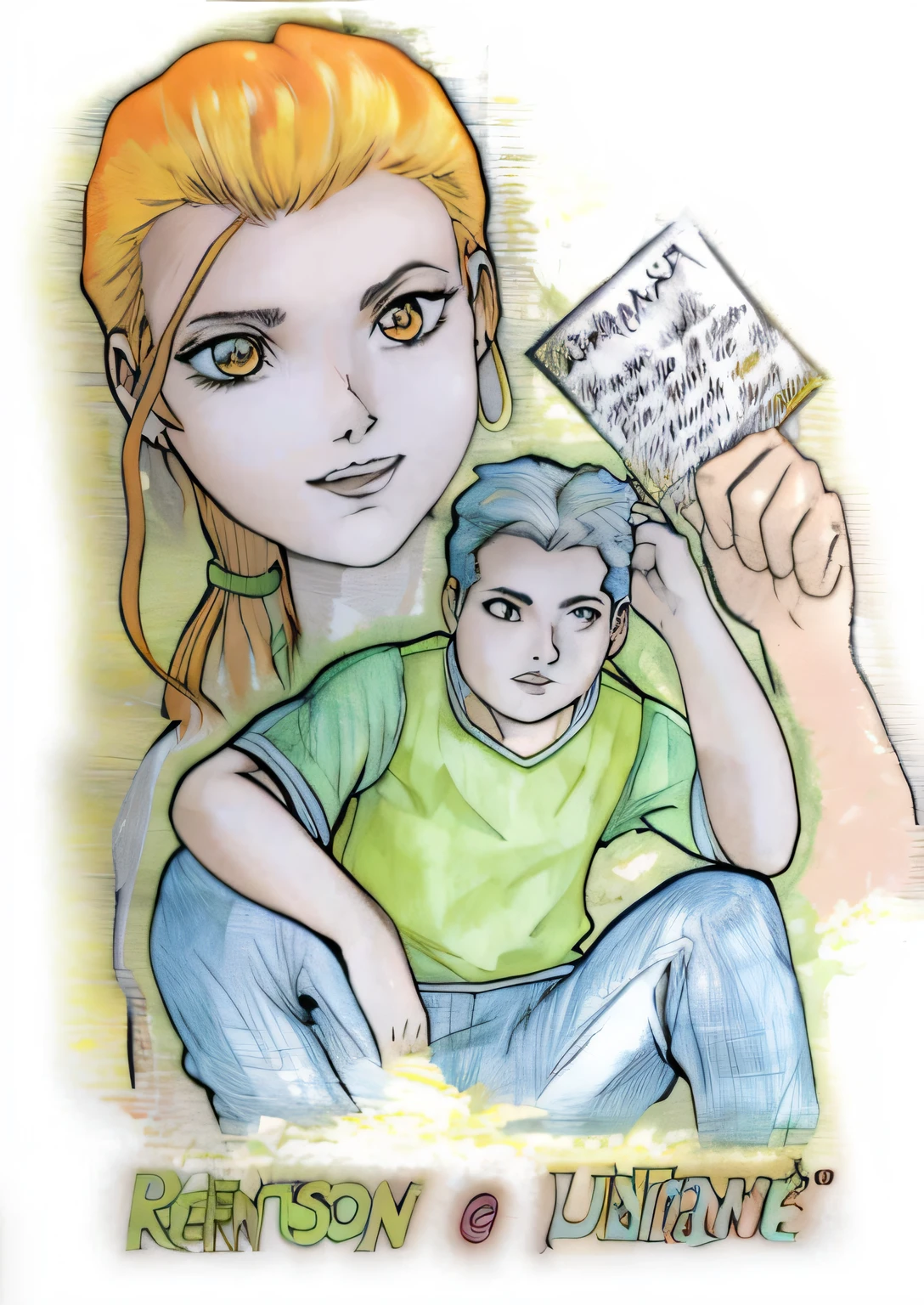 um desenho de uma mulher segurando uma placa com um menino sentado em seu colo, coloured manga scan, inspirado por Eddie Campbell, arte da capa da graphic novel, comic illustration, Arte no estilo de Terry Moore, Capa de quadrinhos, Directed by: Yumihiko Amano, full-colour illustration, cover illustration, inspirado em Yumihiko Amano, arte da capa dos quadrinhos de phil noto, in manga style --auto