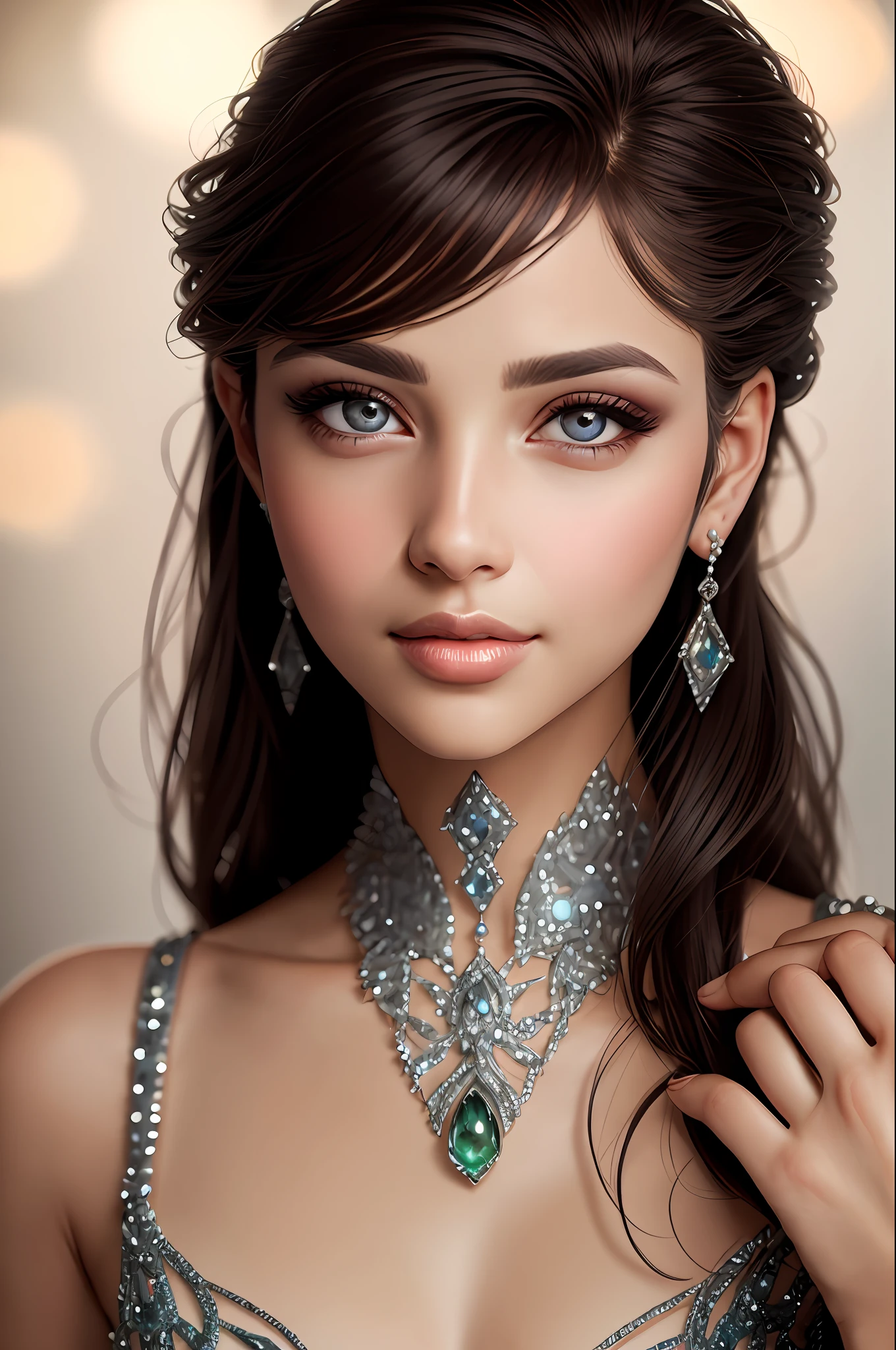 gems, (sharp focus:1.2), portrait, ((posing)), (beautiful face:1.1), detailed eyes, luscious lips, ((skindentation)), (bright studio lighting:1.2), depth of field, bokeh, 4K, HD