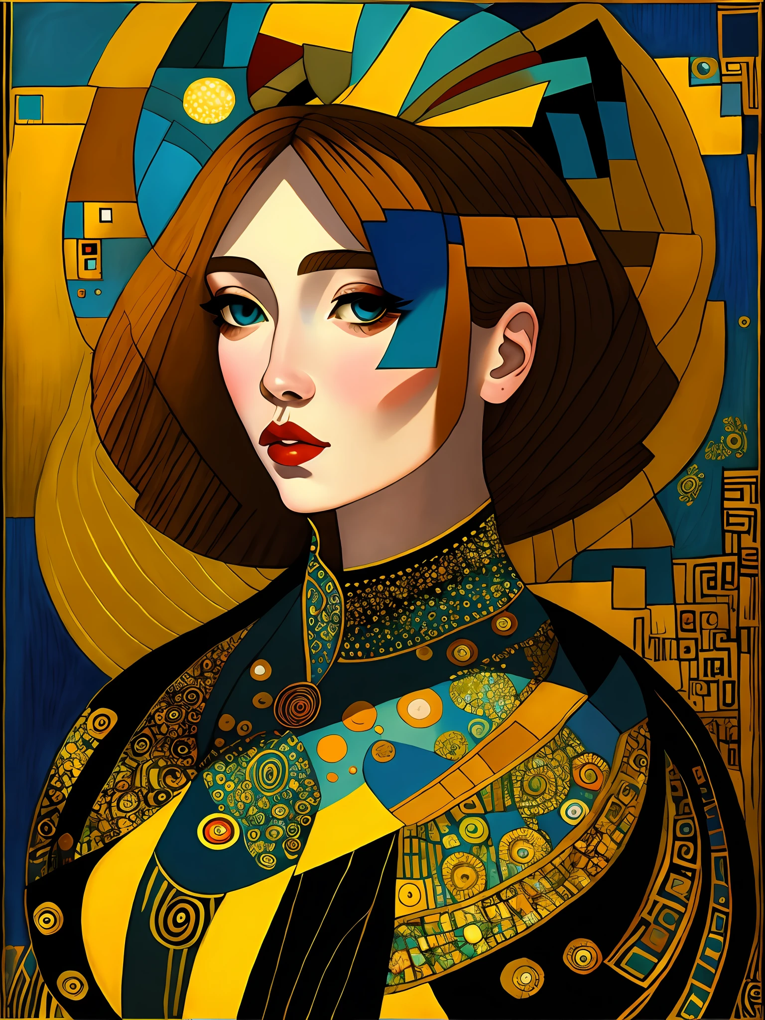 Cubism portrait of a caramel - color skin tone woman with a gorgeous flowing dress of vibrant color scheme, highly detailed, in the style of romanticism, cinematic, artstation, la mirada de Gustav Klimt, Beksinski, Tamara Lempicka, La noche estrellada de Van Gogh, Los colores de Afremov, El estilo de Paul Klee, Gustav Klimt's lines, El azul de Marc Chagall, El balance de Vasily Kandinsky. Chica brillante, Heltaskelta, Sol de tormenta, Naïve style of Amandine Van Ray's lines, estilo de las formas de Sonia Delaunay