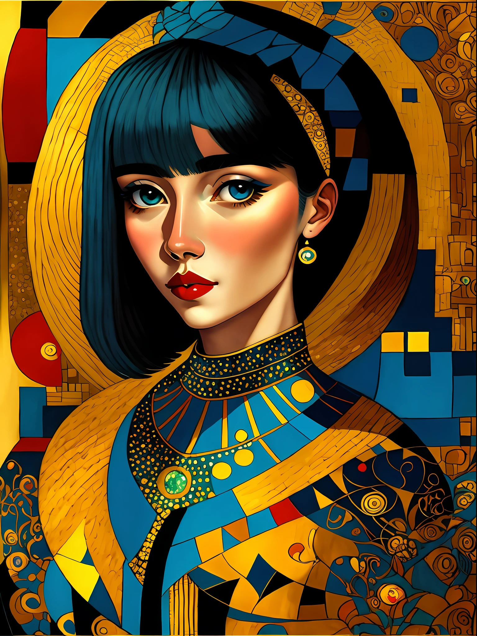 Cubism portrait of a caramel - color skin tone woman with a gorgeous flowing dress of vibrant color scheme, highly detailed, in the style of romanticism, cinematic, artstation, la mirada de Gustav Klimt, Beksinski, Tamara Lempicka, La noche estrellada de Van Gogh, Los colores de Afremov, El estilo de Paul Klee, Gustav Klimt's lines, El azul de Marc Chagall, El balance de Vasily Kandinsky. Chica brillante, Heltaskelta, Sol de tormenta, Naïve style of Amandine Van Ray's lines, estilo de las formas de Sonia Delaunay