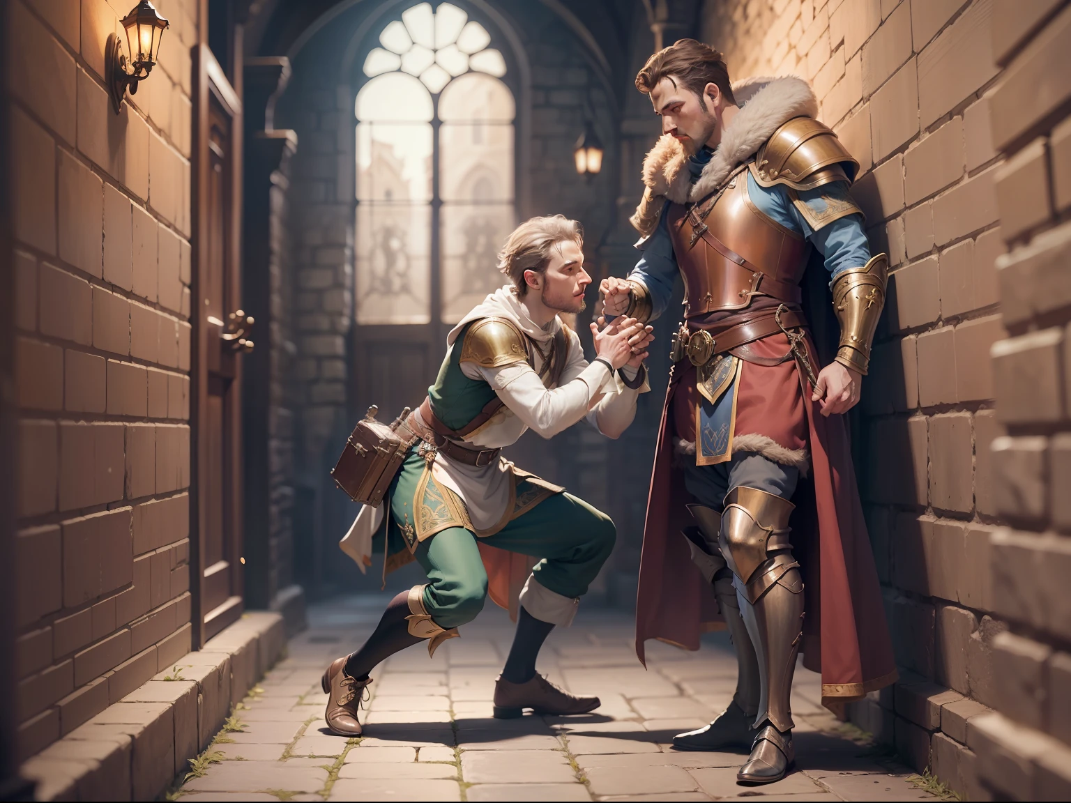 (Masterwork) Very high quality, full body, super detailed shooting, D&D setting, male cleric healing the injured male bard in the corridor of the dungeon, 32k resolution, best quality, dynamic pose, action pose, surreal and charming.