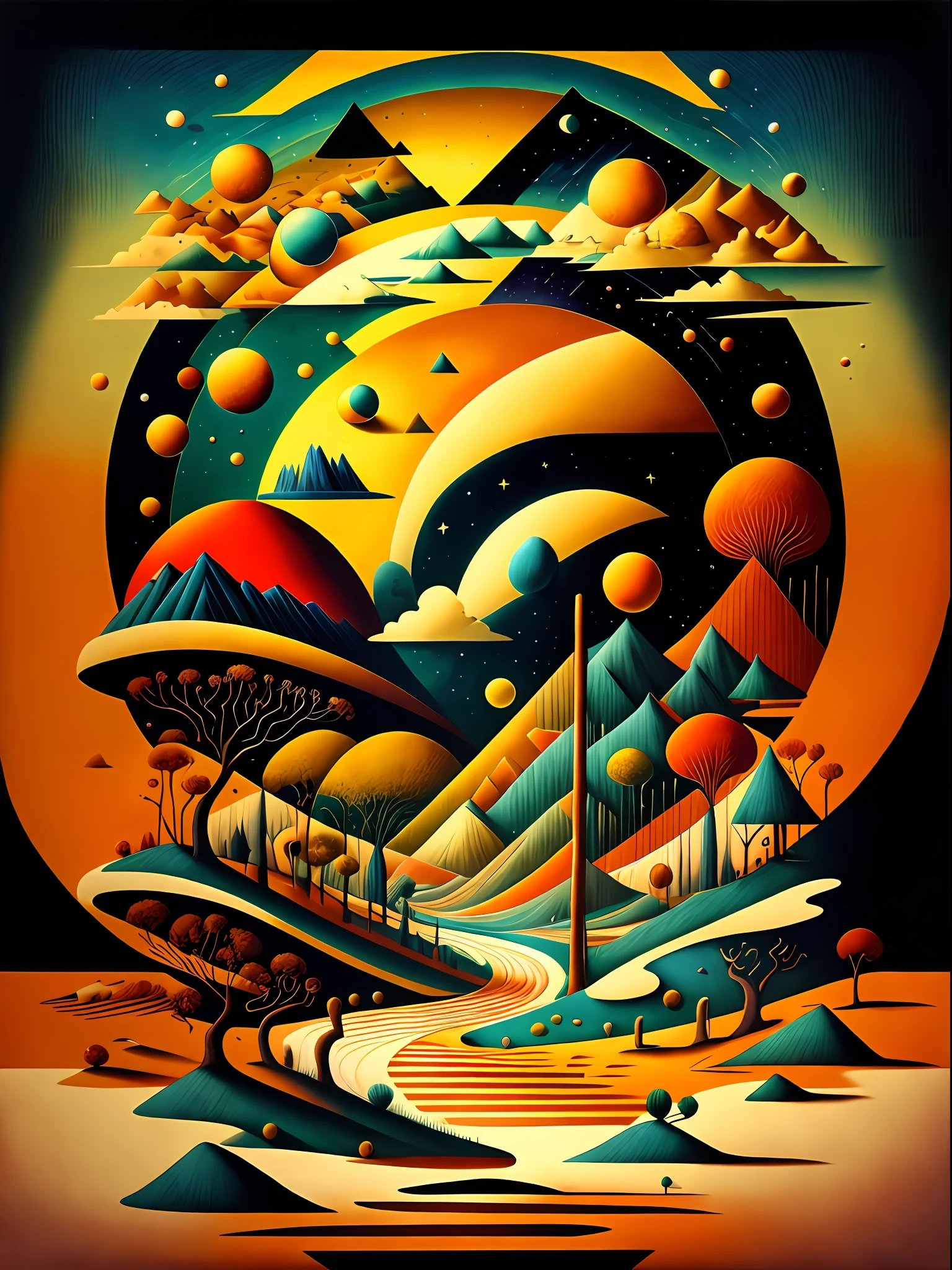 Hexagon Landscape art, cinematic light, long shadows, volumetric, ethereal, vibrant saturated contrast, liquid ink and oil mixed with watercolor, the gaze of Beksinski, Tamara Lempicka,Van Gogh's Starry Night, Afremov's Colors, Paul Klee's style, Gustav Klimt's lines, Marc Chagall's blues, Vasily Kandinsky's balance and the Mojave desert Location. Made with a constructivist, minimalist and art deco accent