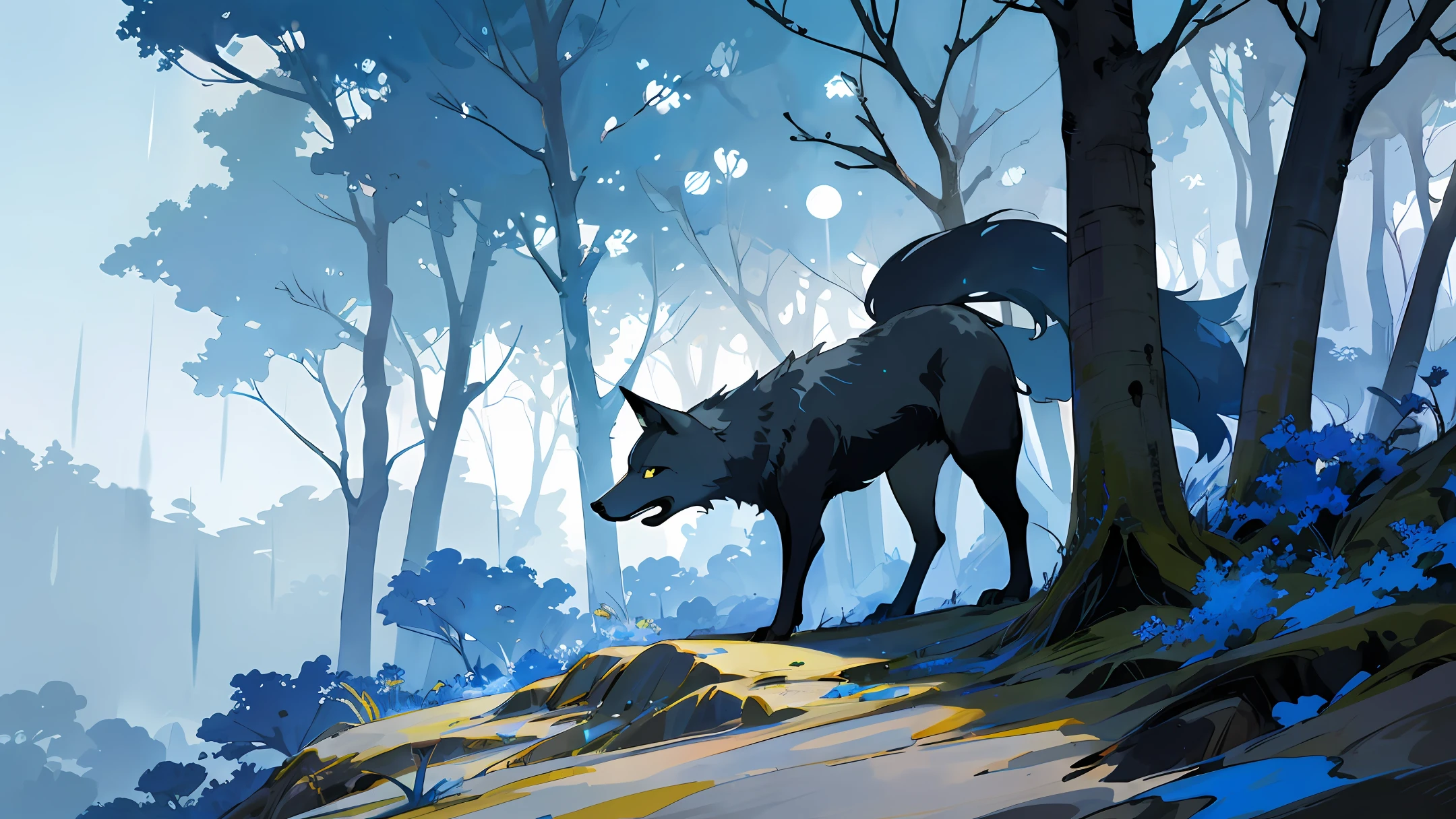 A wolf stands on a cliff，It rained in the moonlight at night，There are blue trees