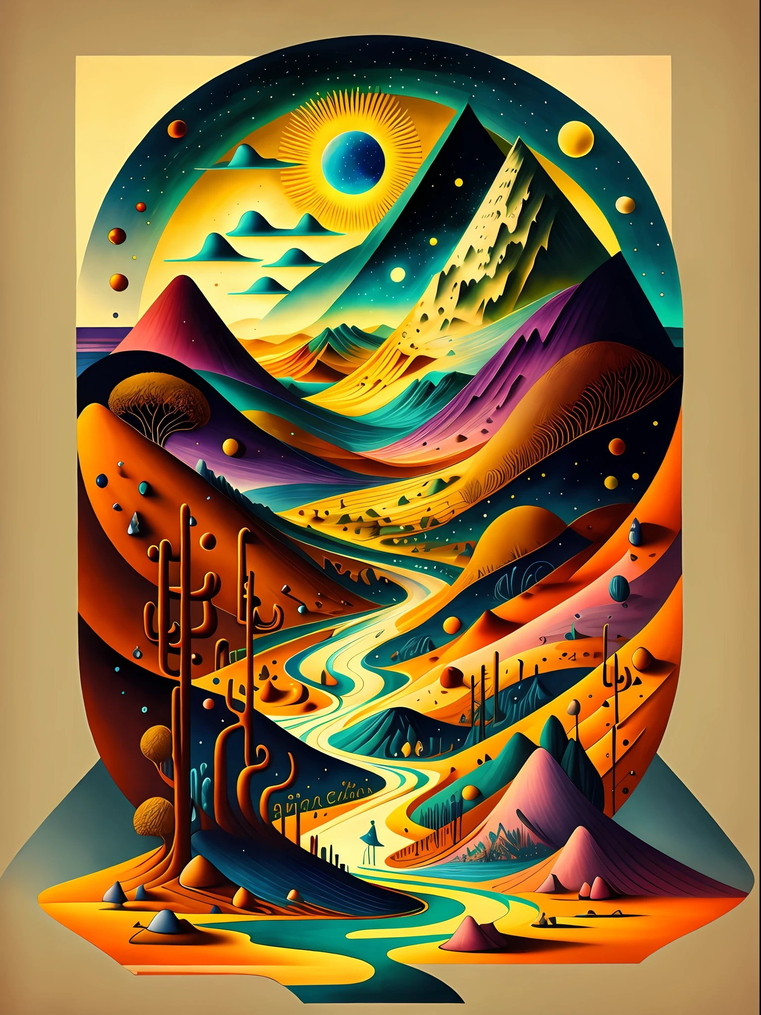 Hexagon Landscape art, cinematic light, long shadows, volumetric, ethereal, vibrant saturated contrast, liquid ink and oil mixed with watercolor, the gaze of Beksinski, Tamara Lempicka,Van Gogh's Starry Night, Afremov's Colors, Paul Klee's style, Gustav Klimt's lines, Marc Chagall's blues, Vasily Kandinsky's balance and the Mojave desert Location. Made with a constructivist, minimalist and art deco accent