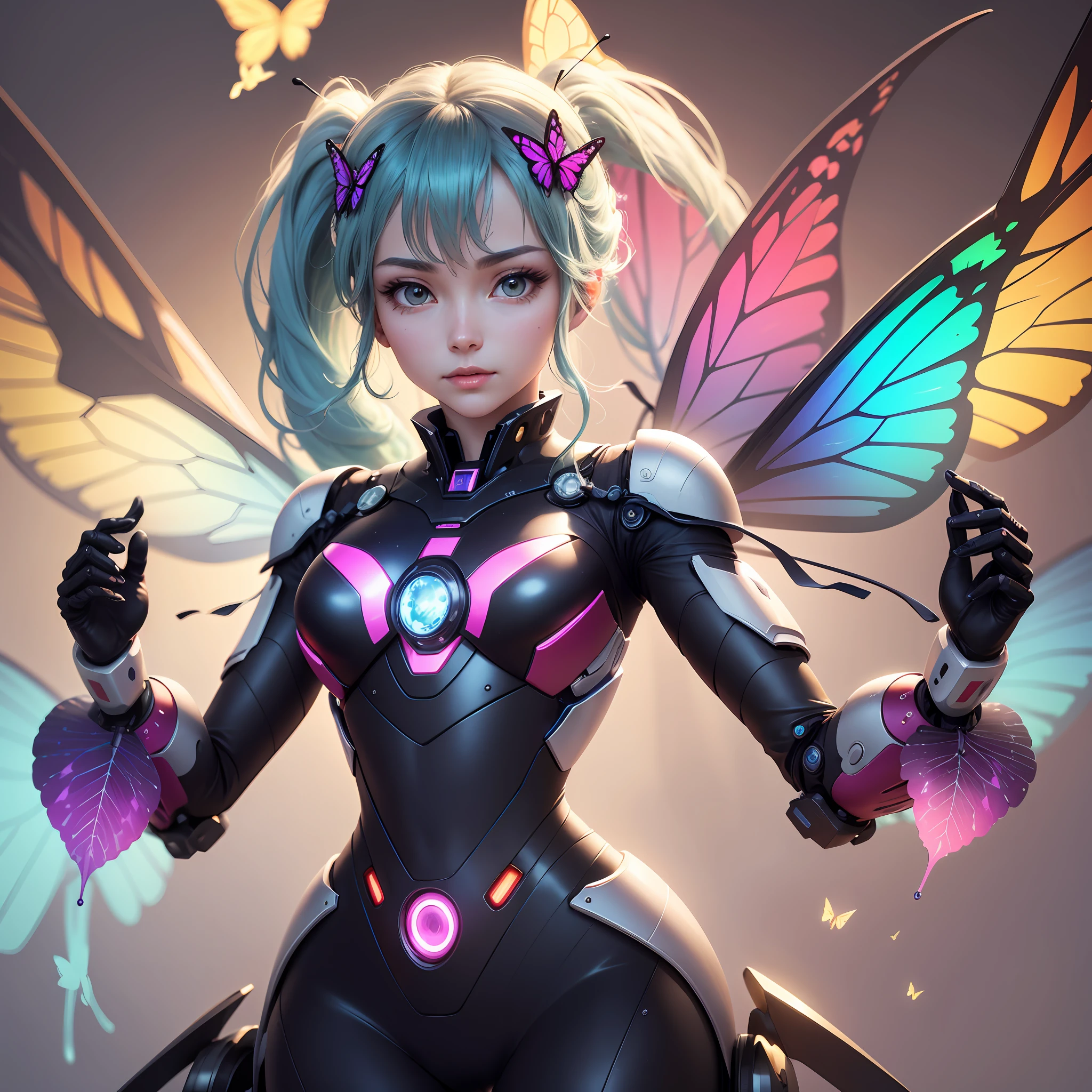 A super high quality robotic butterfly glides through the air with mechanical gracefulness. Suas asas brilham em tons iridescentes, refletindo a luz em um jogo de cores hipnotizante. Every meticulous detail reveals the perfect fusion between technological precision and natural beauty, enchanting all observers with its majestic presence. --auto