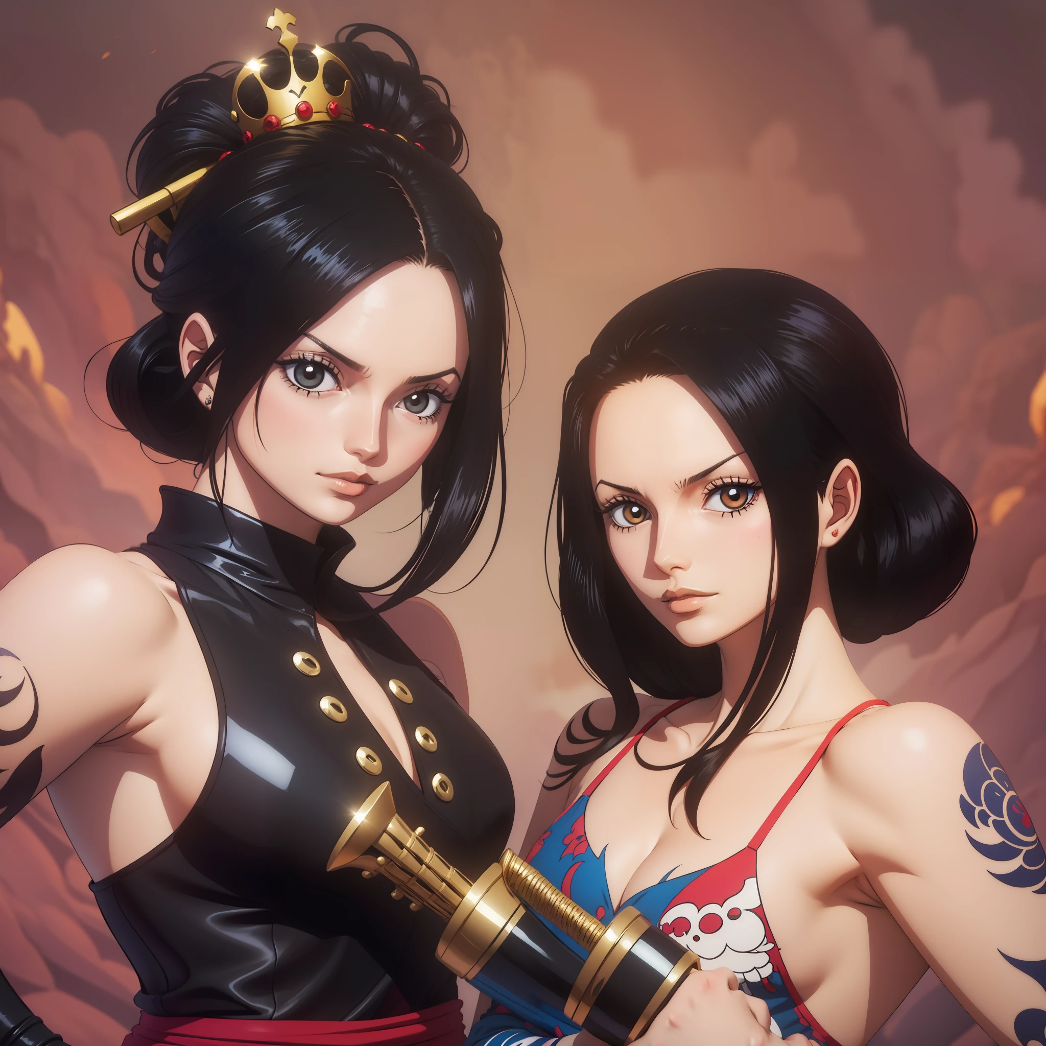 melhor qualidade, mulher de olhos vermelhos sentada, Posar, Man King of the Pirates com uma tatuagem de dragão, espadachim usando duas katanas, lado a lado, rindo, felizes, bonitos, pose para foto, sentados nico robin e luffy duas pessoas