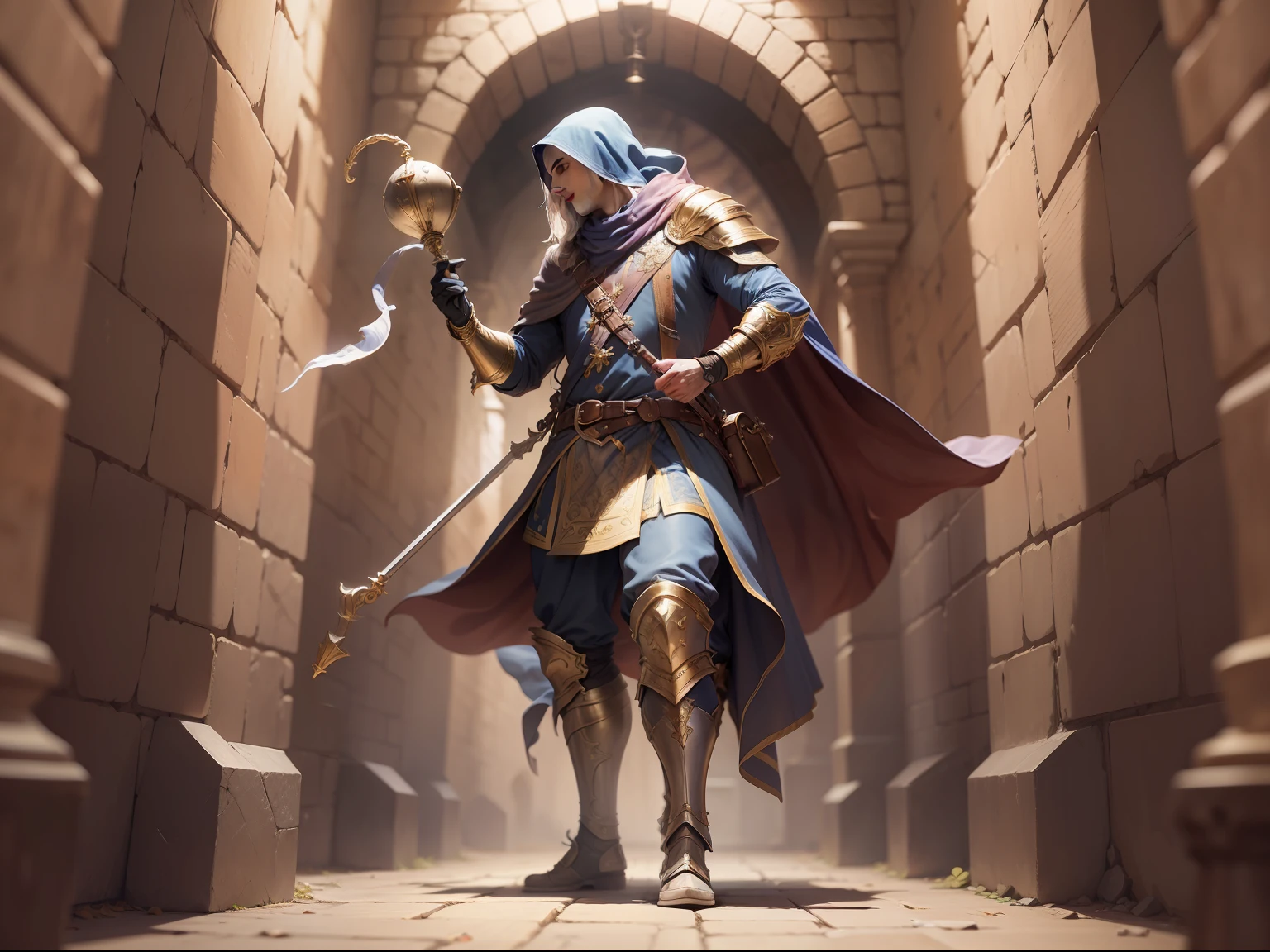 (Masterwork) Very high quality, full body, super detailed shooting, D&D setting, male cleric healing the injured male bard in the corridor of the dungeon, 32k resolution, best quality, dynamic pose, action pose, surreal and charming.