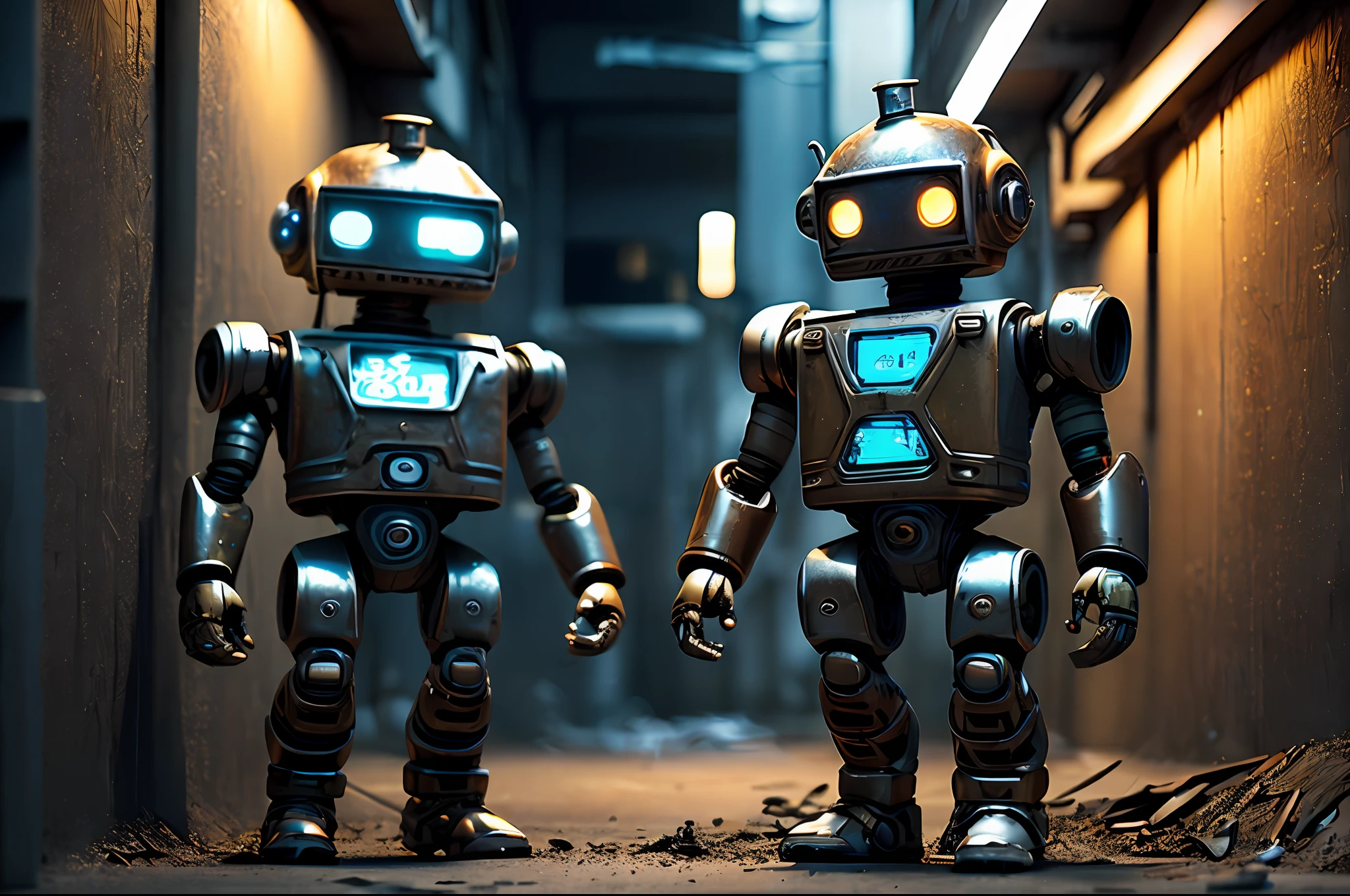 (Realistic:1.5), cute (search and rescue) 2robots (oily metal rusty robots) in a (dirty (dark back_alley)), (graffiti on the walls), at night, (rubble), dust, particles, photorealistic, octane render,(hyperrealistic:1.2), best quality, dynamic pose, looking at the viewer, sharp focus,(8k), (4k), (Masterpiece), (Best Quality), fantasy, extremely detailed, intricate, hyper-detailed, (perfect face), illustration, soft lighting,(specular lighting:1.4), ray tracing, dystopian,