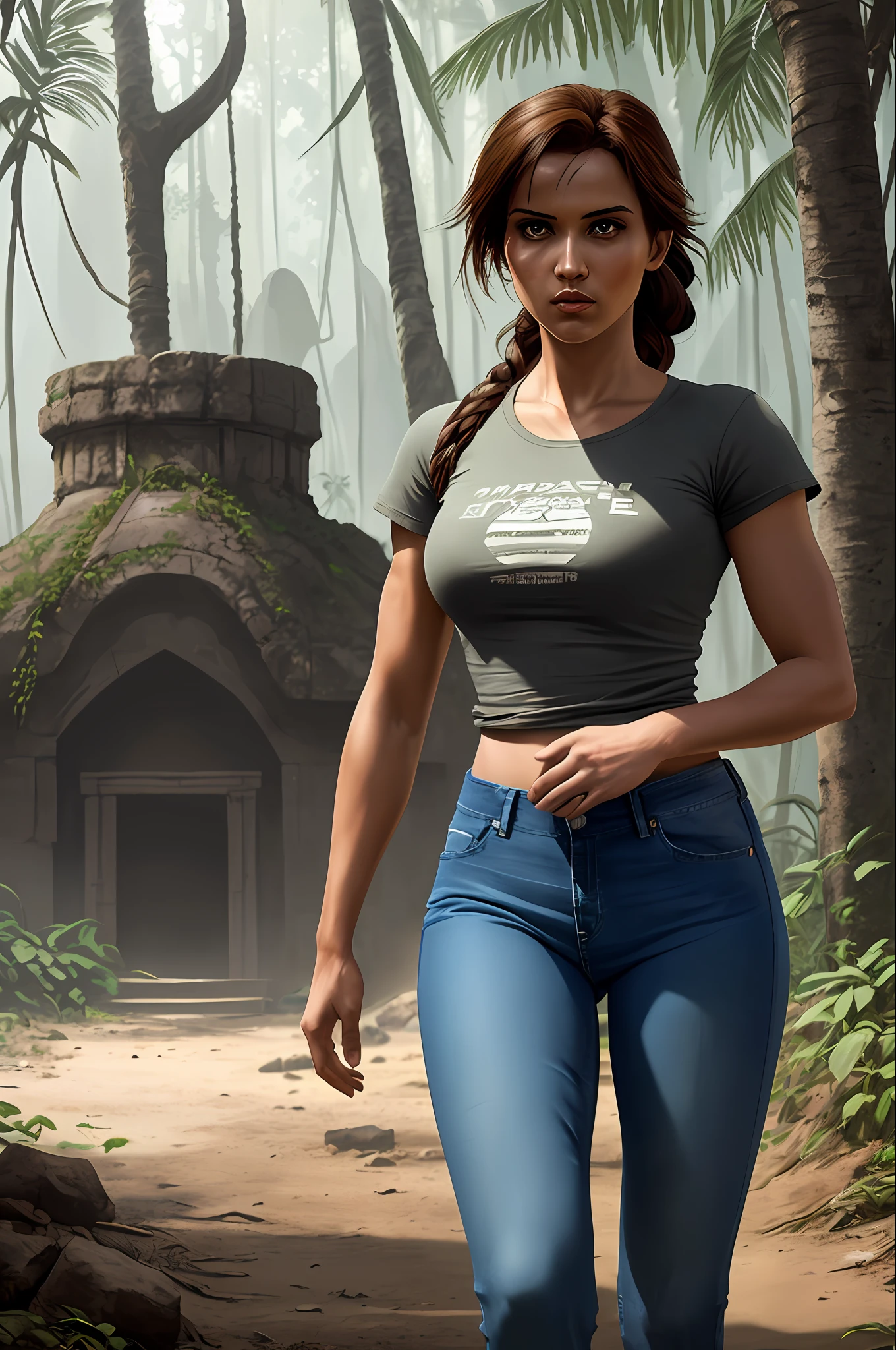 a beautiful cinematic masterpiece portrait of Tirkish as lara croft from tomb raider, covered in dirt, treasure hunter, ((normal basic teeshirt shirt, tight jeans)), with a complex jungle background with ancient jungle ruins, by gil elvgren, by frank frazetta, by greg rutkowski, trending on artstation, featured on pixiv, hyper detailed, beautiful studio lights, intricate elegant digital painting, cinematic composition, dramatic pose, smooth, sharp focus, (((professional photography))),dappled light, romantic, HDR, highly detailed, hasselblad, 8k, hyper realistic, eye level shot, f1.4 aperture, 8mm film grain, cinestill 800, full body Teeshirt,