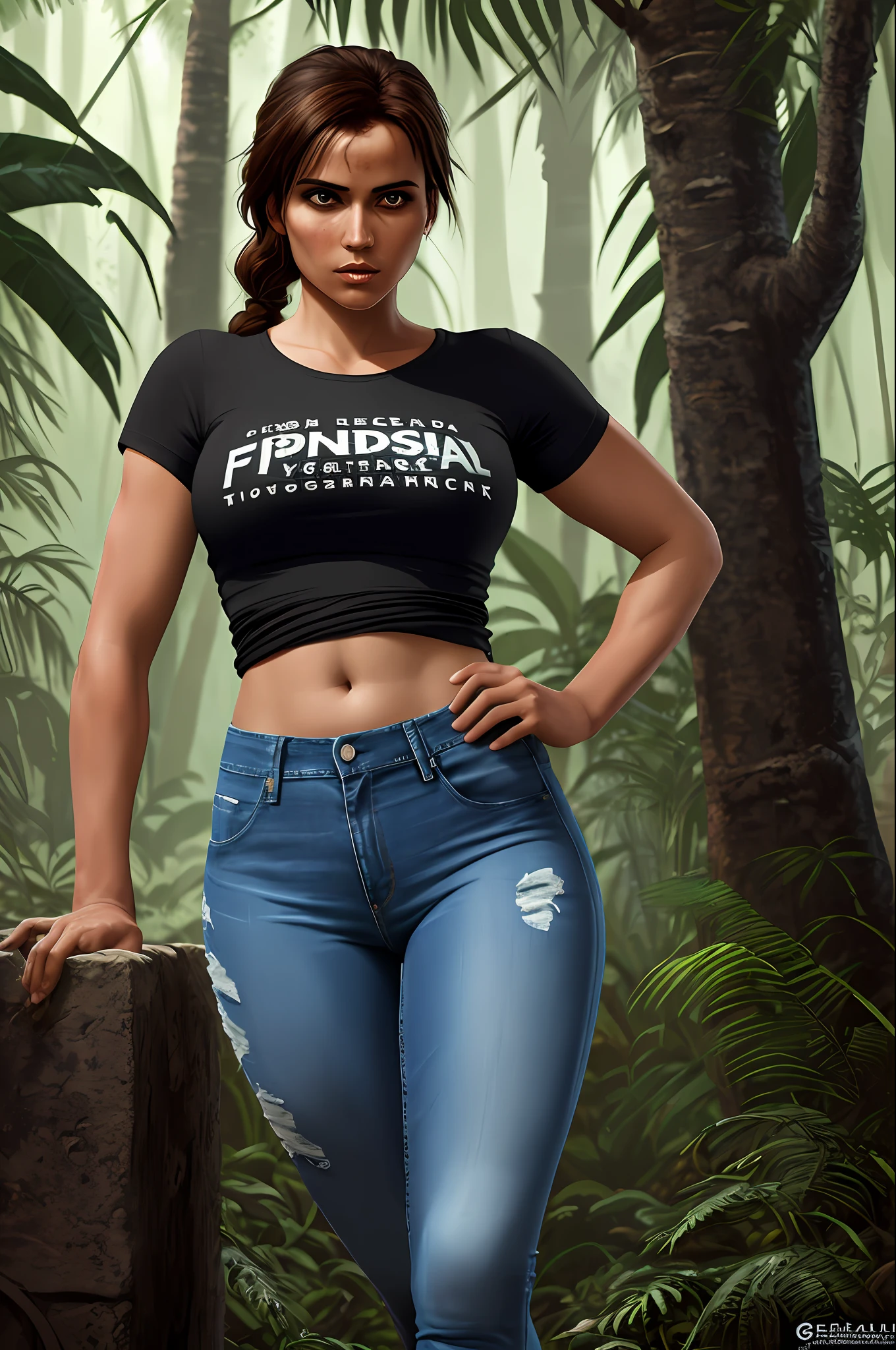 a beautiful cinematic masterpiece portrait of Tirkish as lara croft from tomb raider, covered in dirt, treasure hunter, ((normal basic teeshirt shirt, tight jeans)), with a complex jungle background with ancient jungle ruins, by gil elvgren, by frank frazetta, by greg rutkowski, trending on artstation, featured on pixiv, hyper detailed, beautiful studio lights, intricate elegant digital painting, cinematic composition, dramatic pose, smooth, sharp focus, (((professional photography))),dappled light, romantic, HDR, highly detailed, hasselblad, 8k, hyper realistic, eye level shot, f1.4 aperture, 8mm film grain, cinestill 800, full body Teeshirt,