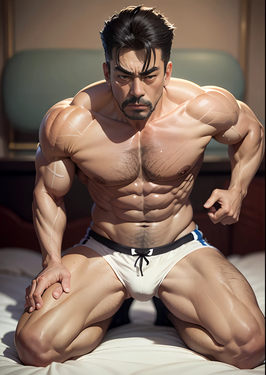 aged 40,Kogoro Mouri,Shirtless man in underwear(The contour is raised)kneeling on a bed,leg wide open,lbeard,Black socks,anger expression,a scar,