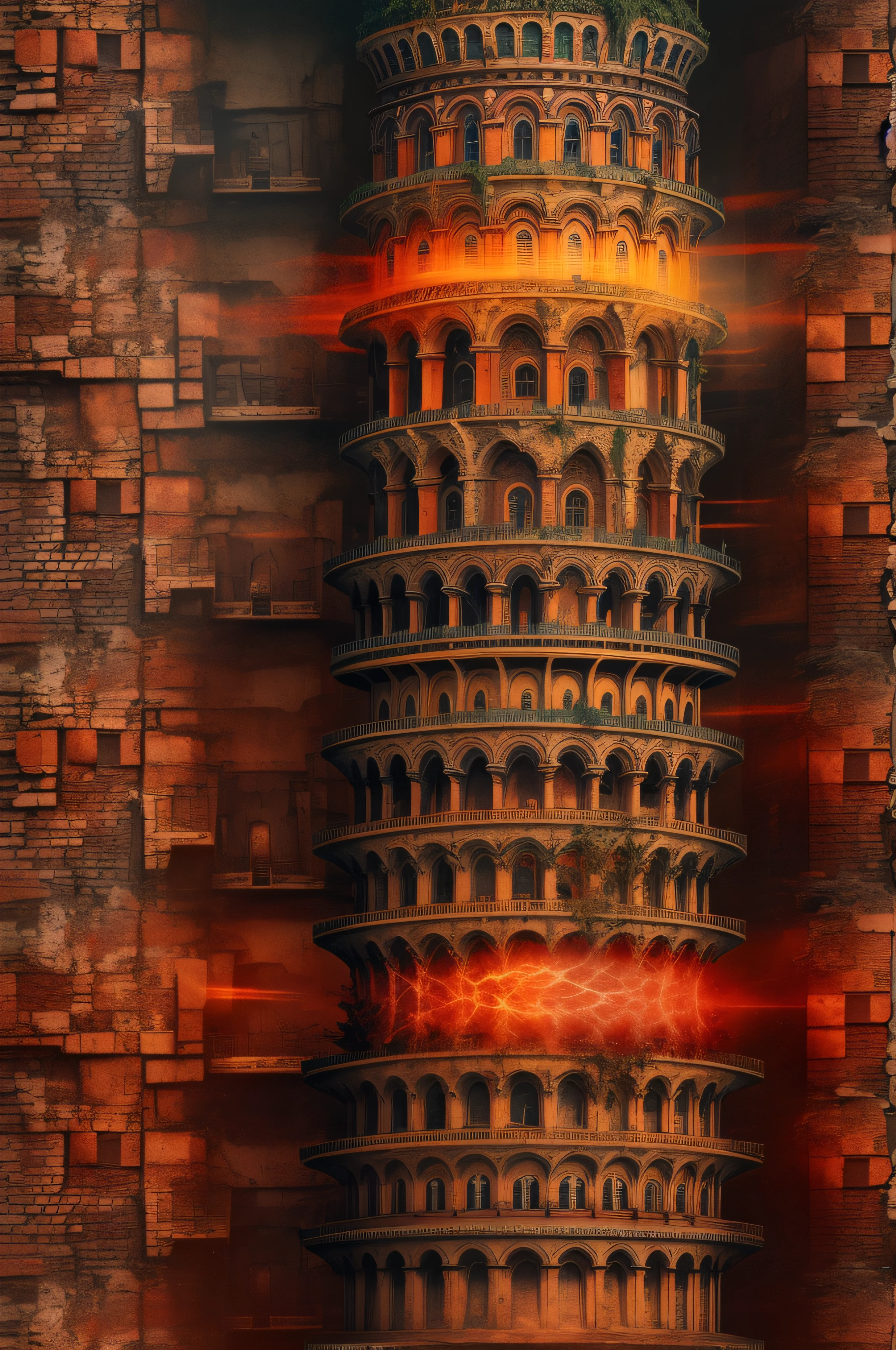 Tower of Babel, burnt amber, deep colors, fluorescent colors, acidwave, byzantine, evil theme, romanticism, wonderland, brick, droste effect photography, landscape photography, dark fantasy, native art