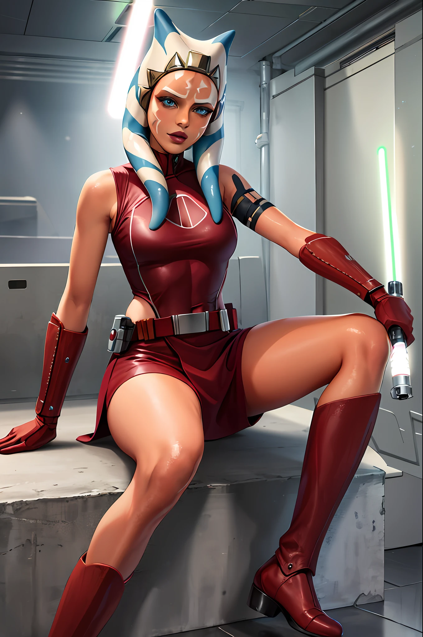 masterpiece, best quality, highres, 1girl, solo, alien, blue eyes, boots, orange skin, gloves, tattoo, tentacle hair, colored skin, facial mark, facial tattoo, lightsaber, belt, forehead mark, lips, knee boots, armor, long hair