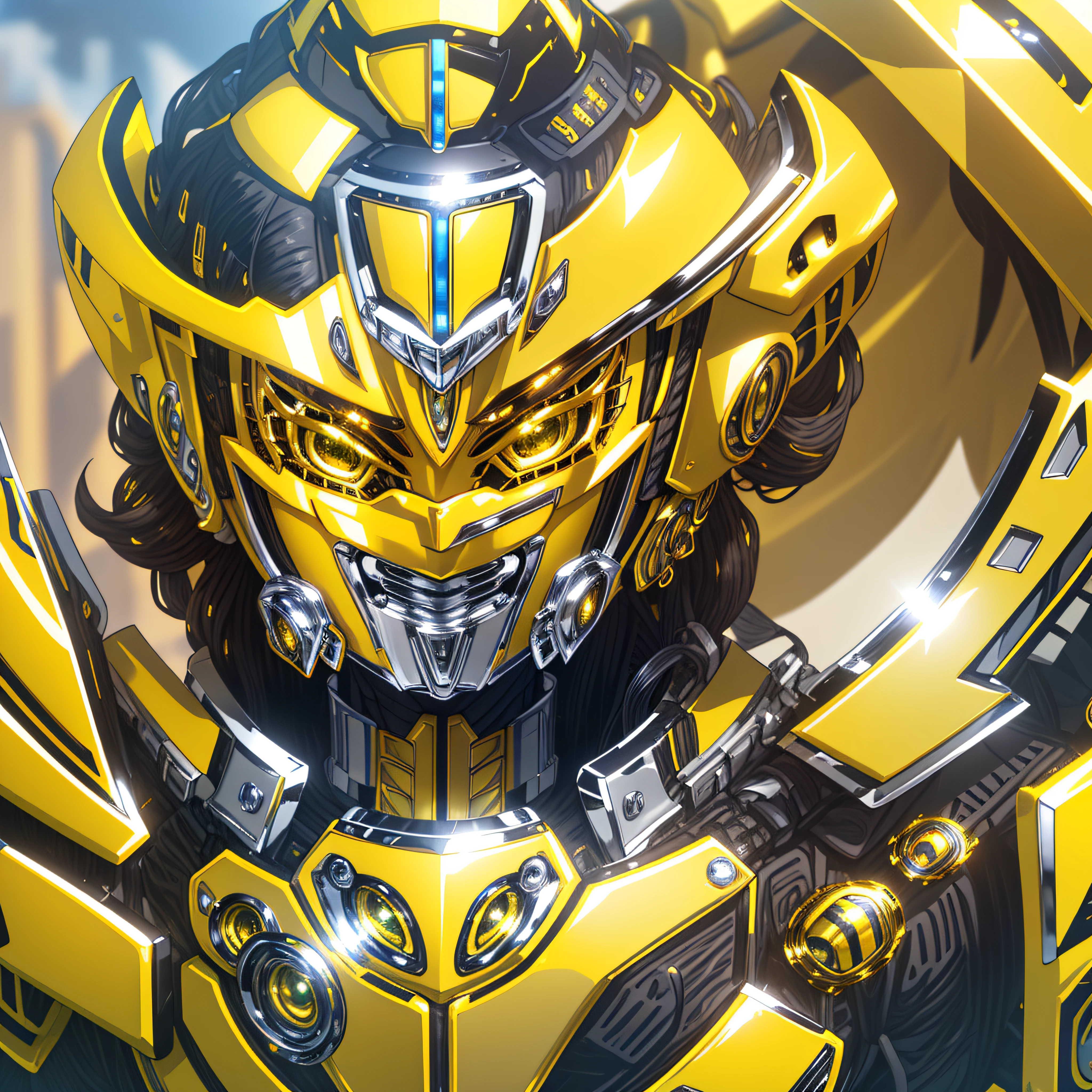 (Super elaborate CG Unity 8K wallpaper, masterpiece, highest quality): (Dynamic Angle, Solo, 1 beautiful black Girl, Yellow cyborg armor in the style of police uniform, (((Yellow Power Ranger's style helmet with chrome face plate))), sparkly brown eyes, black hair)
