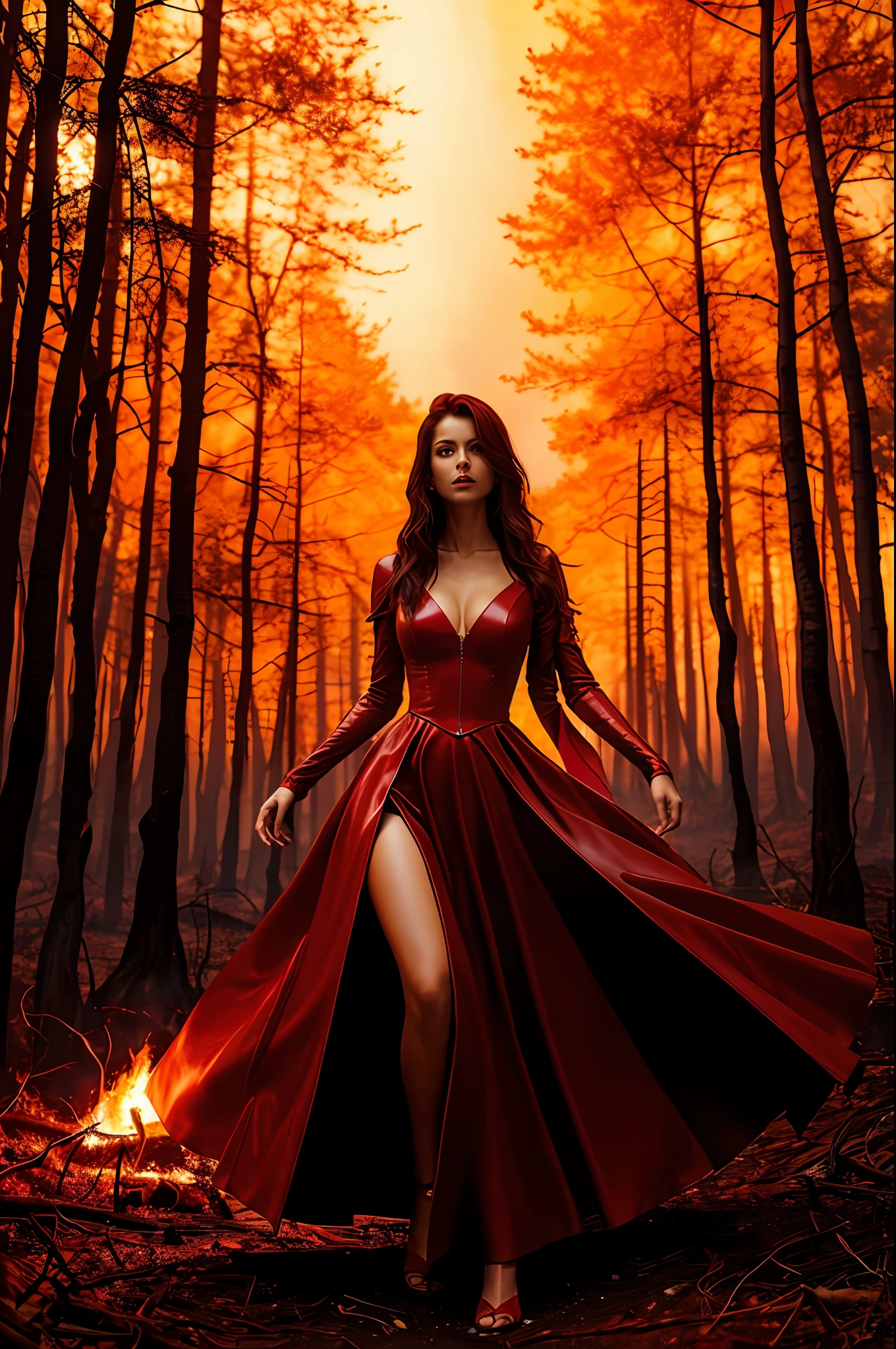 sorceress walking in long dark blood red leather dress in a burning forest at night, huge fire:1.2, huge forestfire:1.2, high temperature fire:1.2, beautiful face:1.2