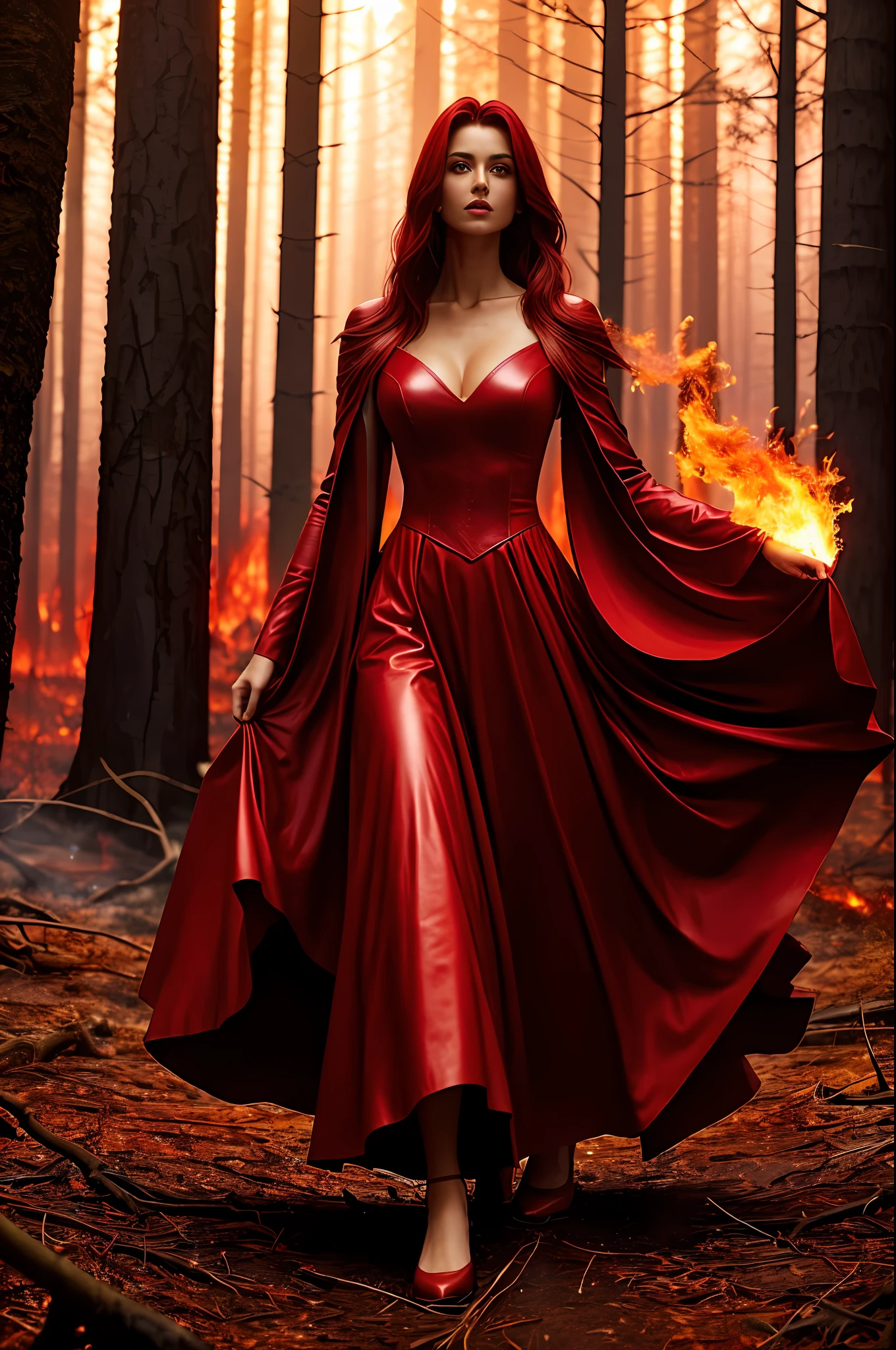 sorceress walking in long dark blood red leather dress in a burning forest at night, huge fire:1.2, huge forestfire:1.2, high temperature fire:1.2, beautiful face:1.2