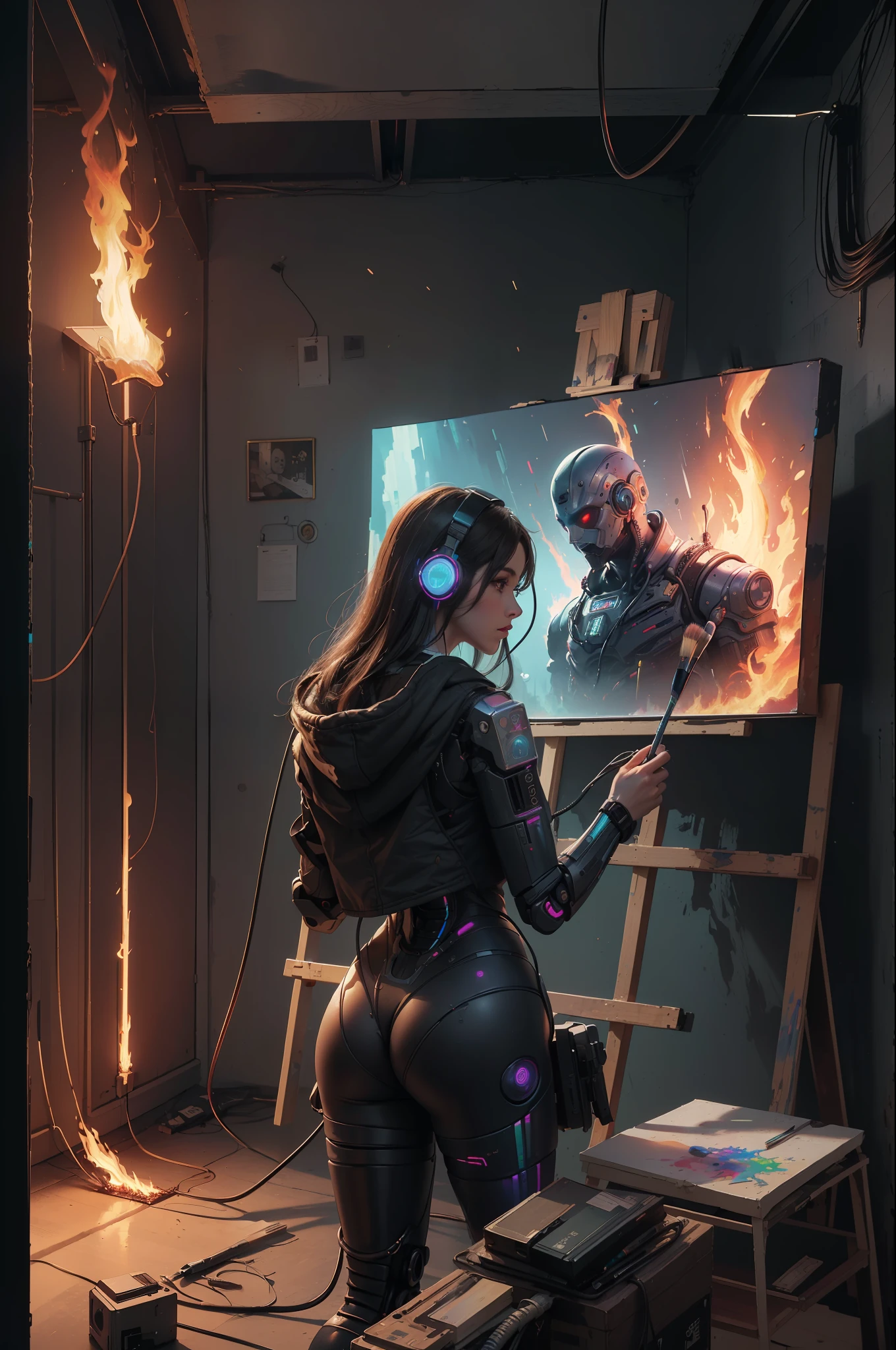 (masterpiece, best quality, highres, absurdres, detailed:1.2), humanoid, robot, wearing headphones, looking away, (cyberpunk, art canvas, paint brush, easel, iridescent, holographic: 1.6), (cables, wires, flames, fire, smoke, overheat, explosion, indoors, room, simple background)