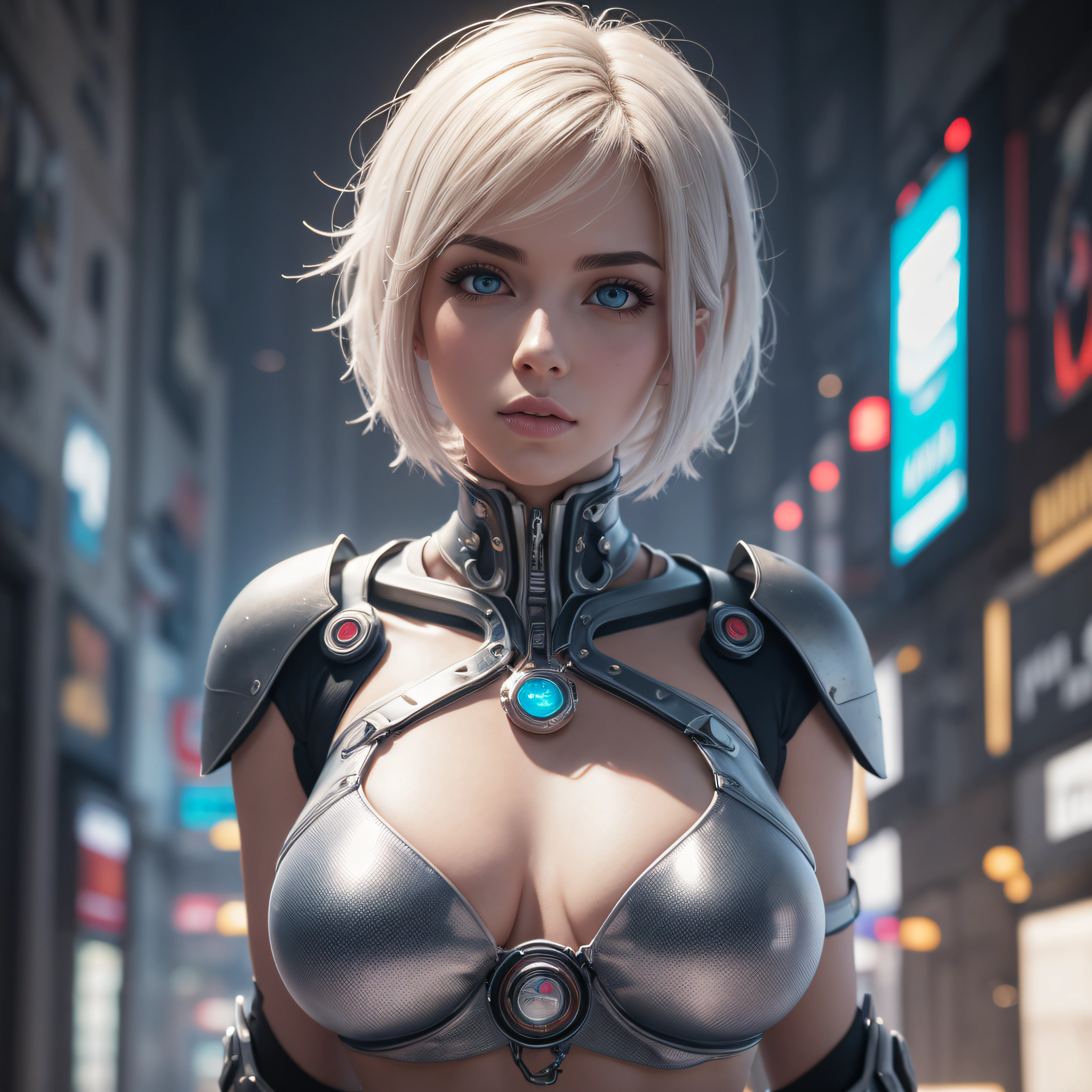 masterpiece, ethereal beauty, ethereal, cyberpunk, ultra realistic, woman 38 years, Like a Yael Shelbia, 3d, 3d rendering, porcelain, latex, Best quality, human anatomy, real hair, short hair, asymmetrical cut hair, moving hair, huge breasts, human anatomy, posing for photo, translucent, (ethereal, dreamlike), formidable, 8k wallpaper,