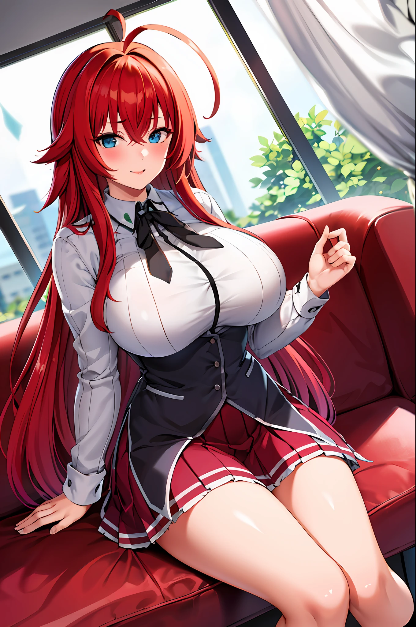 masterpiece, best quality, highres, best quality, highres, rias gremory, 1girl, long hair, school uniform, red hair, ahoge, blue eyes, large breasts, very long hair, breasts, skirt, huge ahoge, socks,