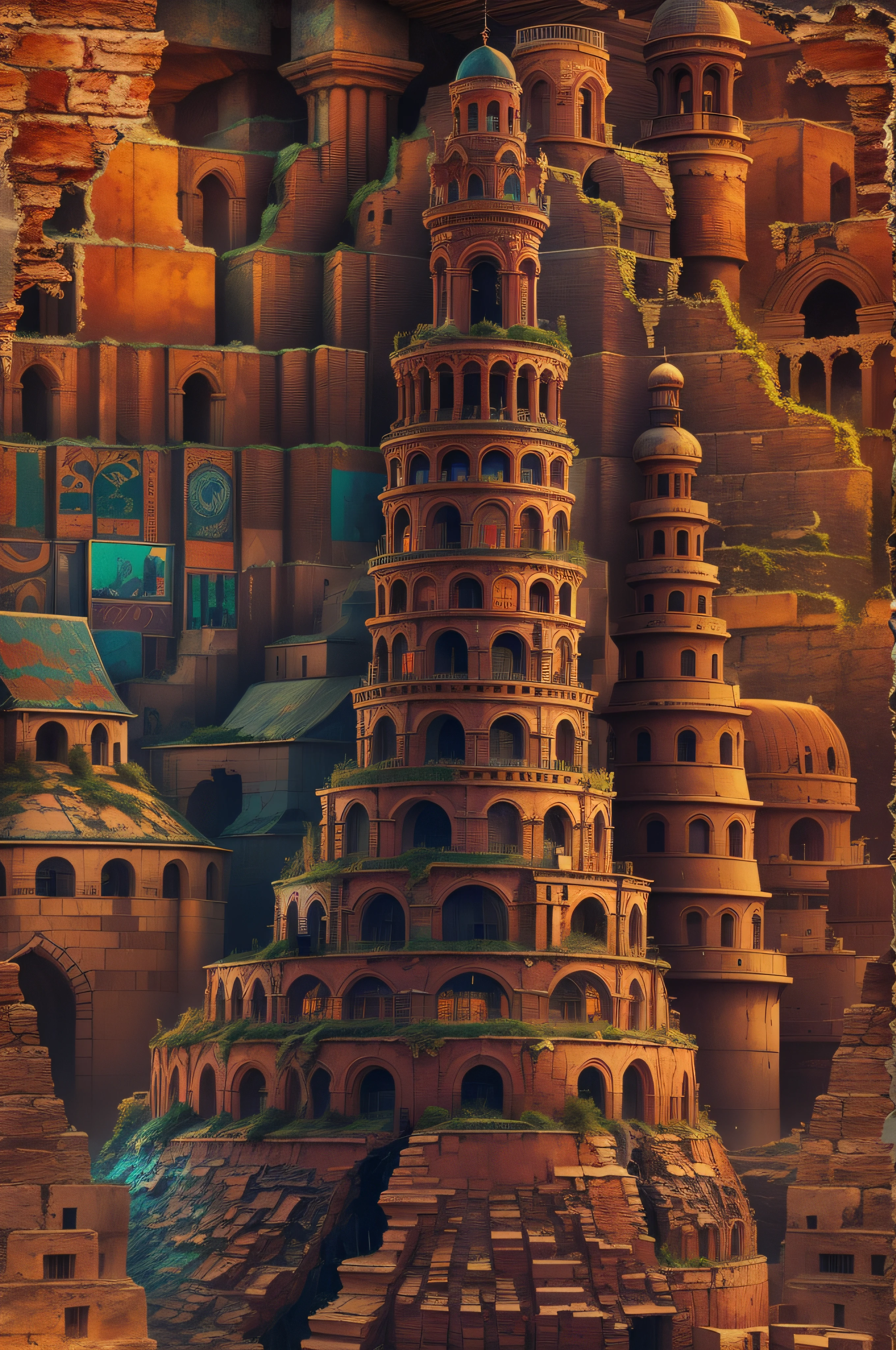 Tower of Babel, burnt amber, deep colors, fluorescent colors, acidwave, byzantine, evil theme, romanticism, wonderland, brick, droste effect photography, landscape photography, dark fantasy, native art