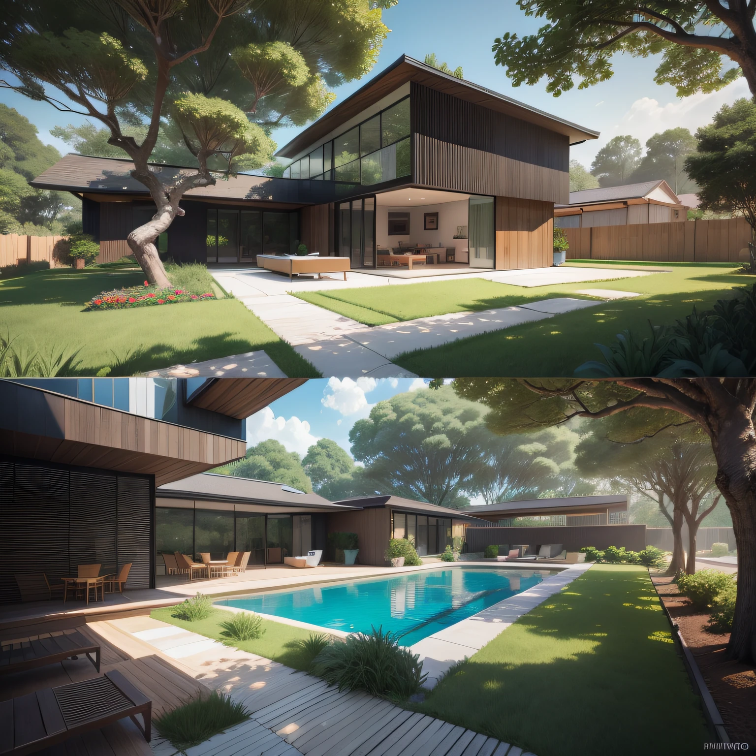 Organic modern architecture on a plot without walls and fences, Terreno bastante grande, terreno com cavalos, paisagem liver, pradaria com arvores , There is a swimming pool in the middle of a large one-story house, cor da casa em vigas marrom chocolate e preto, large modern residence, telhados planos e jardim, render luxcore, renderizar oktane, a photorealistic rendering, architectural render, mantra rendering, architectural render, realism rendering, architectural visualisation, piscina de bem-estar, architectural visualisation,  Large green areas, com pequenas zonas de flores de lavanda, arbustos verdes tipo exuberante jardim verde, as well as small water mirrors, swimming pool embedded in an area of sand, oliveiras e pinheiros ao redor da casa, 8k ultra-realista, muito detalhe