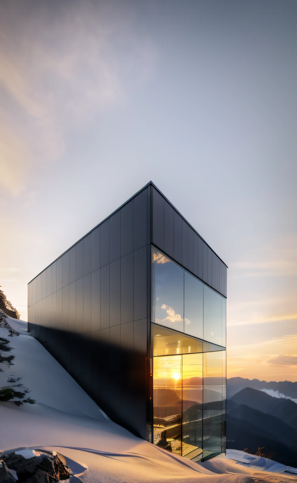 ((masterpiece, best quality)), 8k, modern architecture style, photo realistic, david chipperfield, hyper detailed photo, single box, a digital 3d render of a building, Glass building, leansflare, Snow mountain, Sunset or dawn