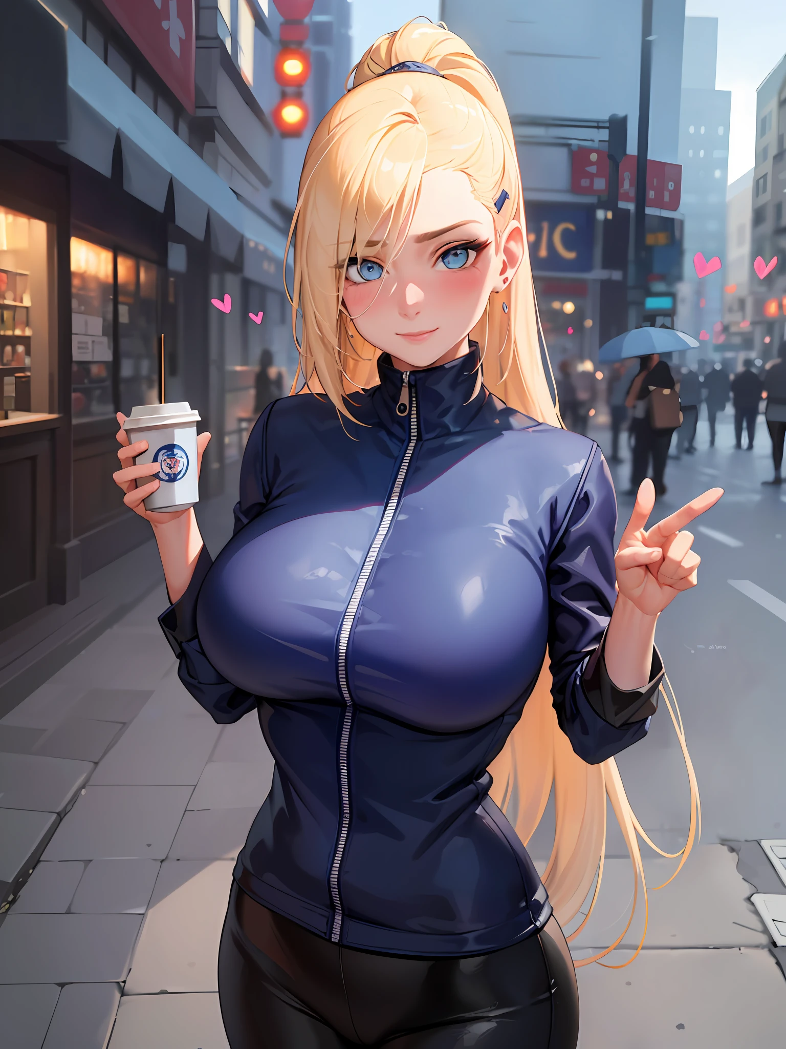 (tmasterpiece, beste-Qualit: 1.4), (modernity), (Cowboy shot), yamanaka ino, 1 girl, 独奏, ass pov, SFW, Awesome girl, (standingn: 1.1), dynamicpose, (Oversized white sweater, knitted sweater: 1.4), (tight yoga pants, dark grey yoga pants: 1,4), (short navy blue jacket, denim jacket: 1,4), longue blonde hair, quiff, heart shaped face, Elegant face, beatiful face, highly detail face, high-detailed skin, pores skin, Subsurface dispersion, (detailed blue eyes), Realistic pupils, big breastes, A loving smile, gaze at the viewer, Blush all over the face, full lips, holds one cup of coffee, in the center, Coffee shop in the background, city ​​street, Sunny day , the wind, Detailed background, Depth of field, atmospheric perspective, voluminous lighting, sharp-focus, absurdity, Realistic Proportion, good anatomy, (realisti, A hyper-realistic: 1.4),